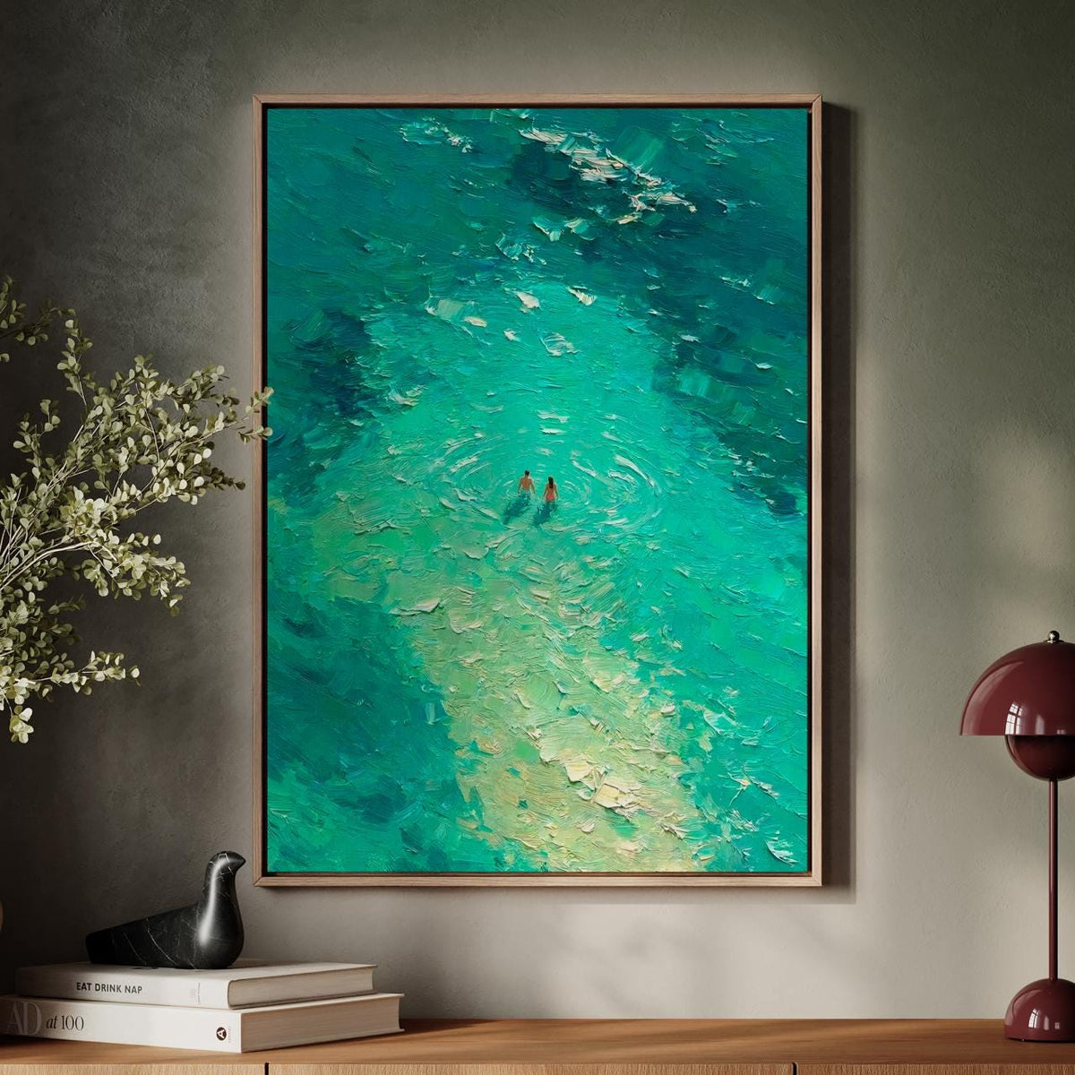 Blue Abstract Oil Painting Print, Two People Swimming Turquoise Canvas, Blue Minimalist Art, Blue Wall Art Bedroom Decor