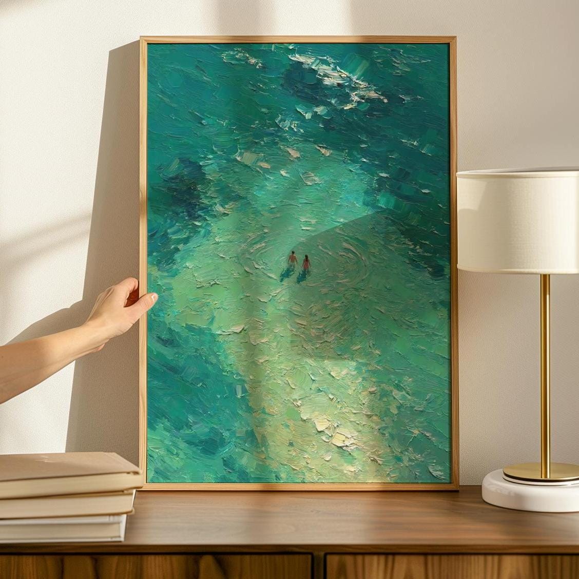 Blue Abstract Oil Painting Print, Two People Swimming Turquoise Canvas, Blue Minimalist Art, Blue Wall Art Bedroom Decor
