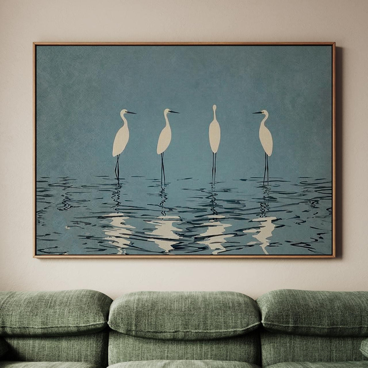 Minimalist Crane Wall Art Large Framed Heron Canvas Print, Elegant White Birds Deep Blue, Modern Nature Decor Living Roo