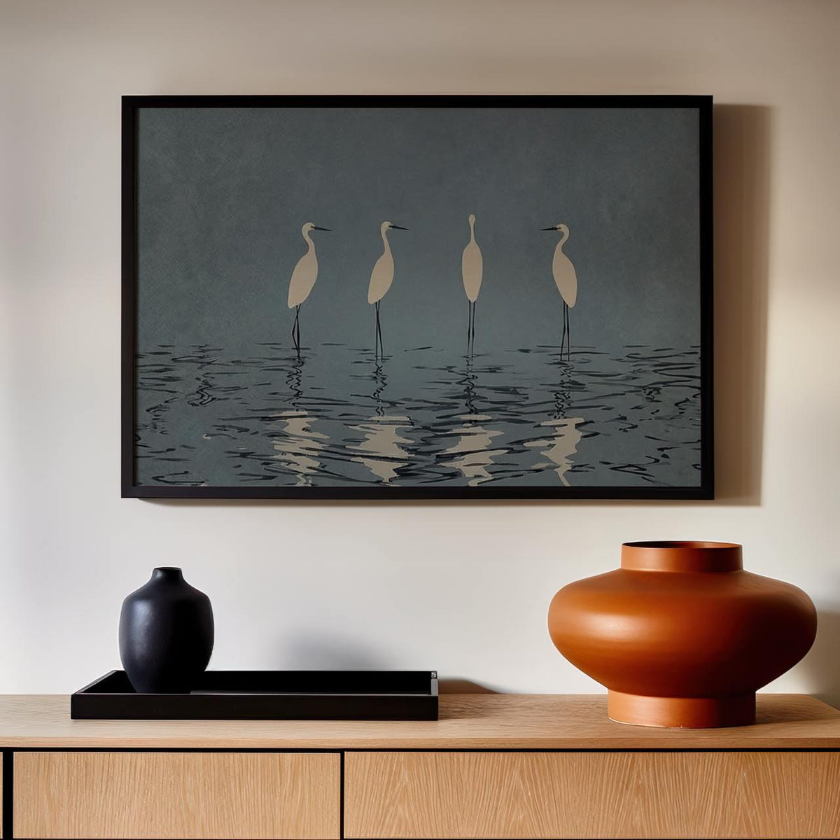 Minimalist Crane Wall Art Large Framed Heron Canvas Print, Elegant White Birds Deep Blue, Modern Nature Decor Living Roo