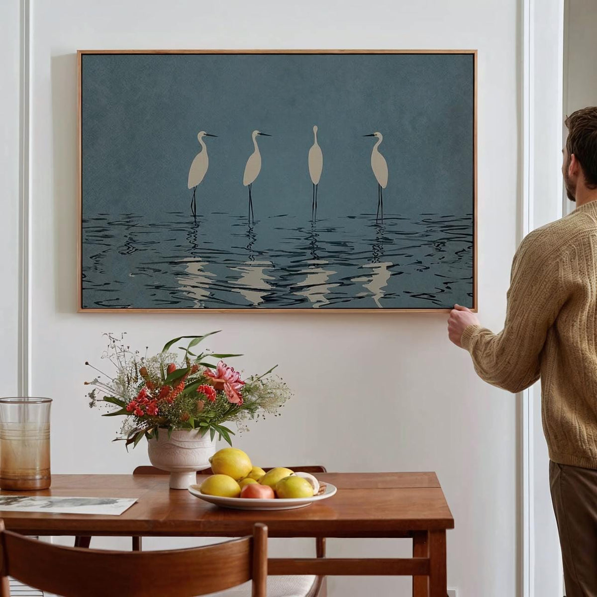 Minimalist Crane Wall Art Large Framed Heron Canvas Print, Elegant White Birds Deep Blue, Modern Nature Decor Living Roo
