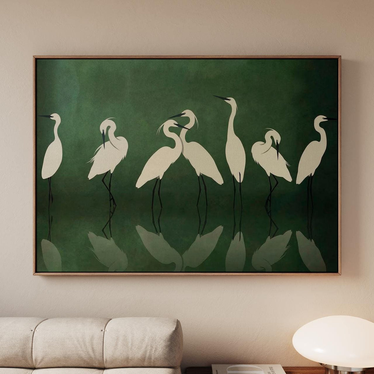 Large Framed Heron Poster Print Minimalist Crane Wall Art, Elegant White Birds Dark Green, Modern Nature Decor Oversized