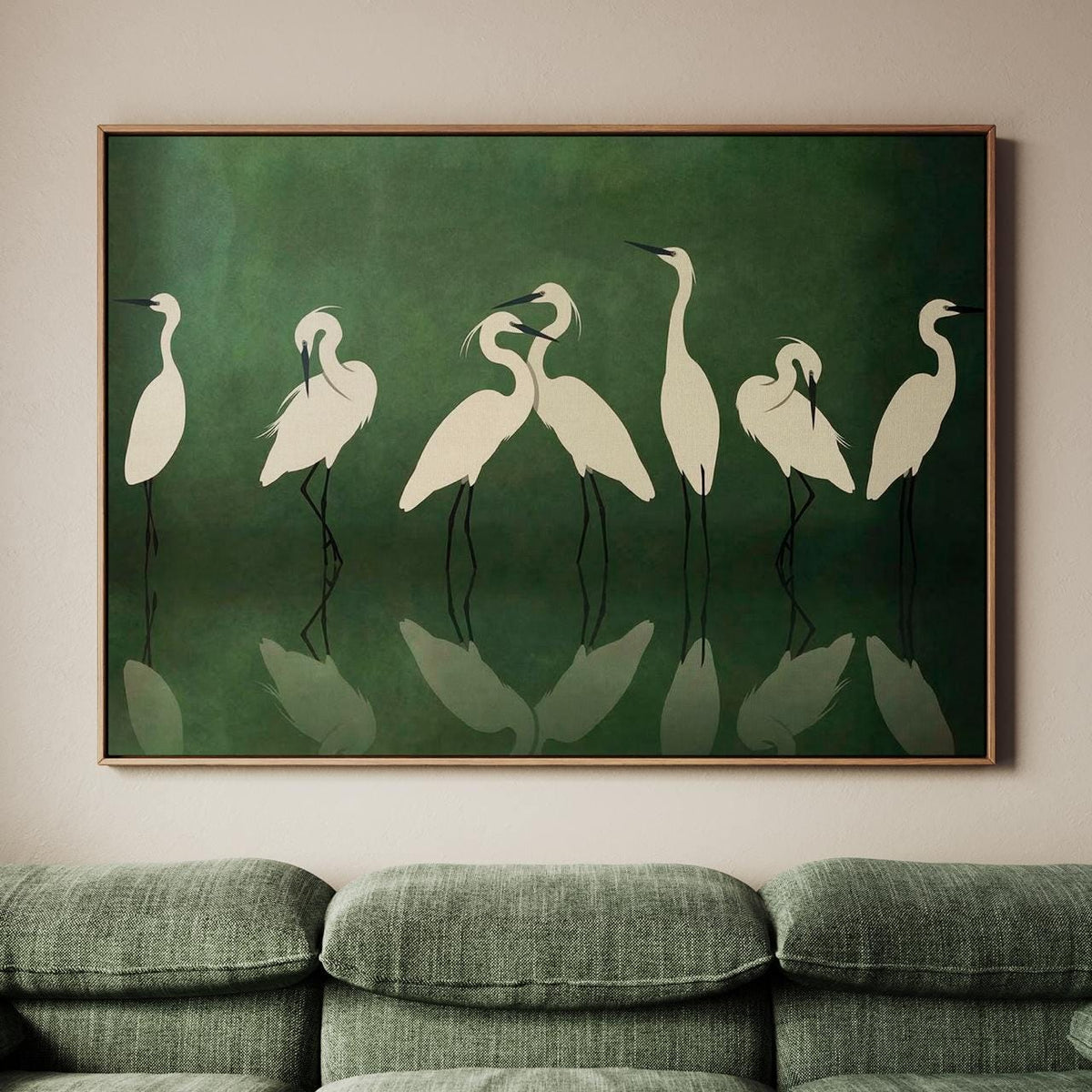 Large Framed Heron Poster Print Minimalist Crane Wall Art, Elegant White Birds Dark Green, Modern Nature Decor Oversized