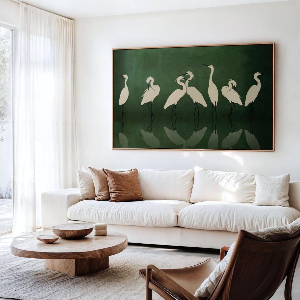 Large Framed Heron Poster Print Minimalist Crane Wall Art, Elegant White Birds Dark Green, Modern Nature Decor Oversized