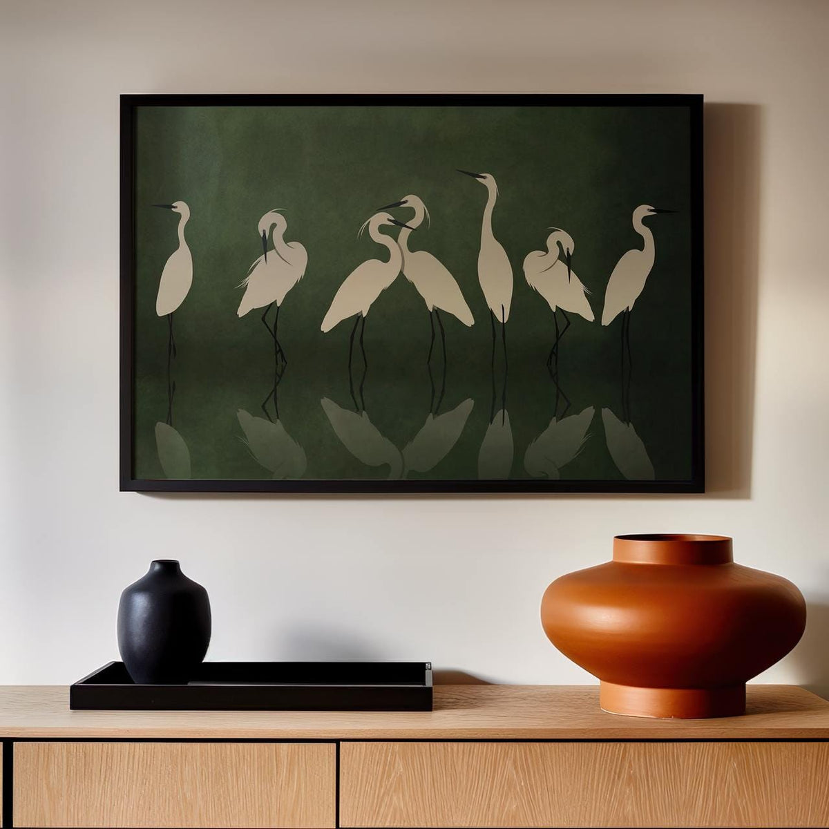 Large Framed Heron Poster Print Minimalist Crane Wall Art, Elegant White Birds Dark Green, Modern Nature Decor Oversized