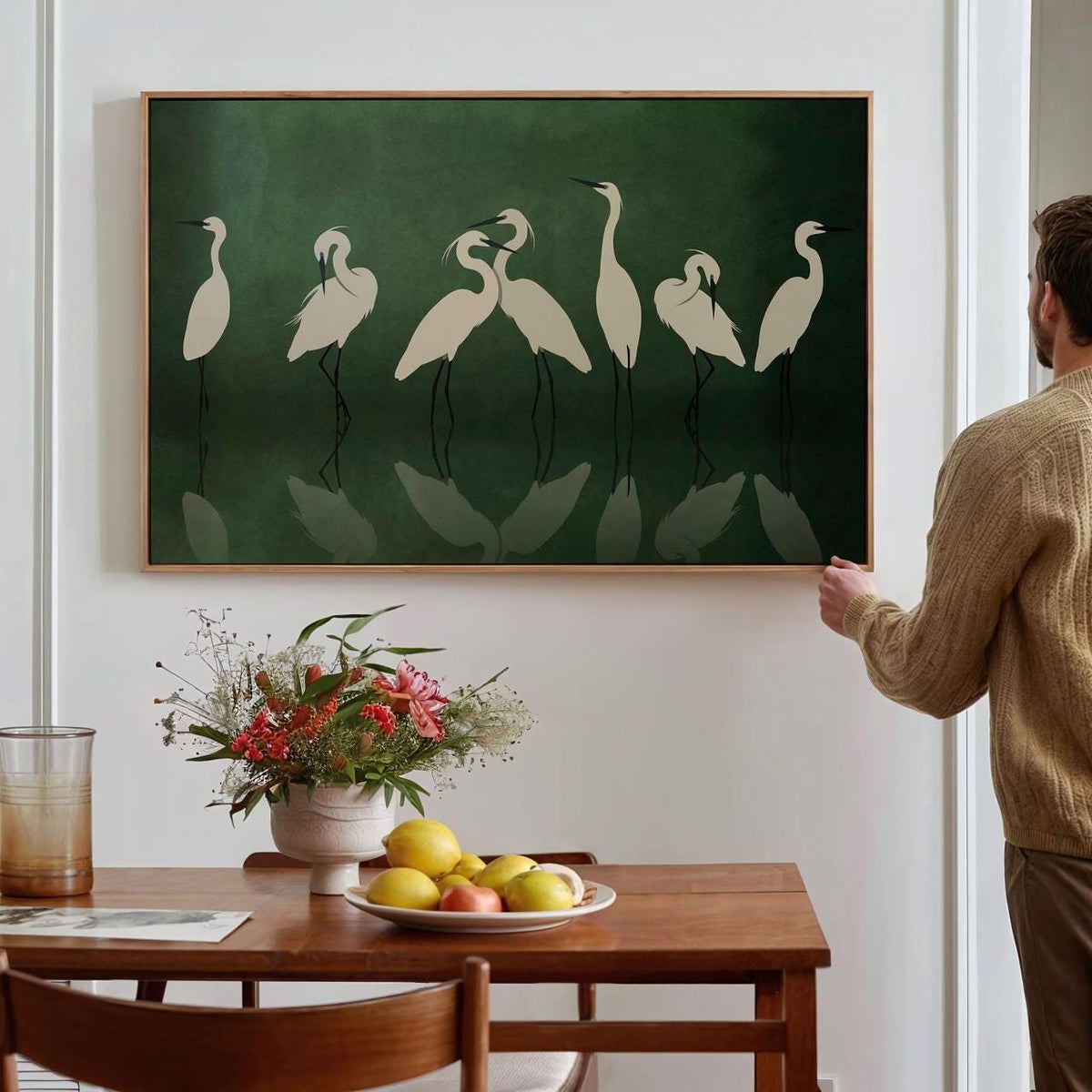 Large Framed Heron Poster Print Minimalist Crane Wall Art, Elegant White Birds Dark Green, Modern Nature Decor Oversized