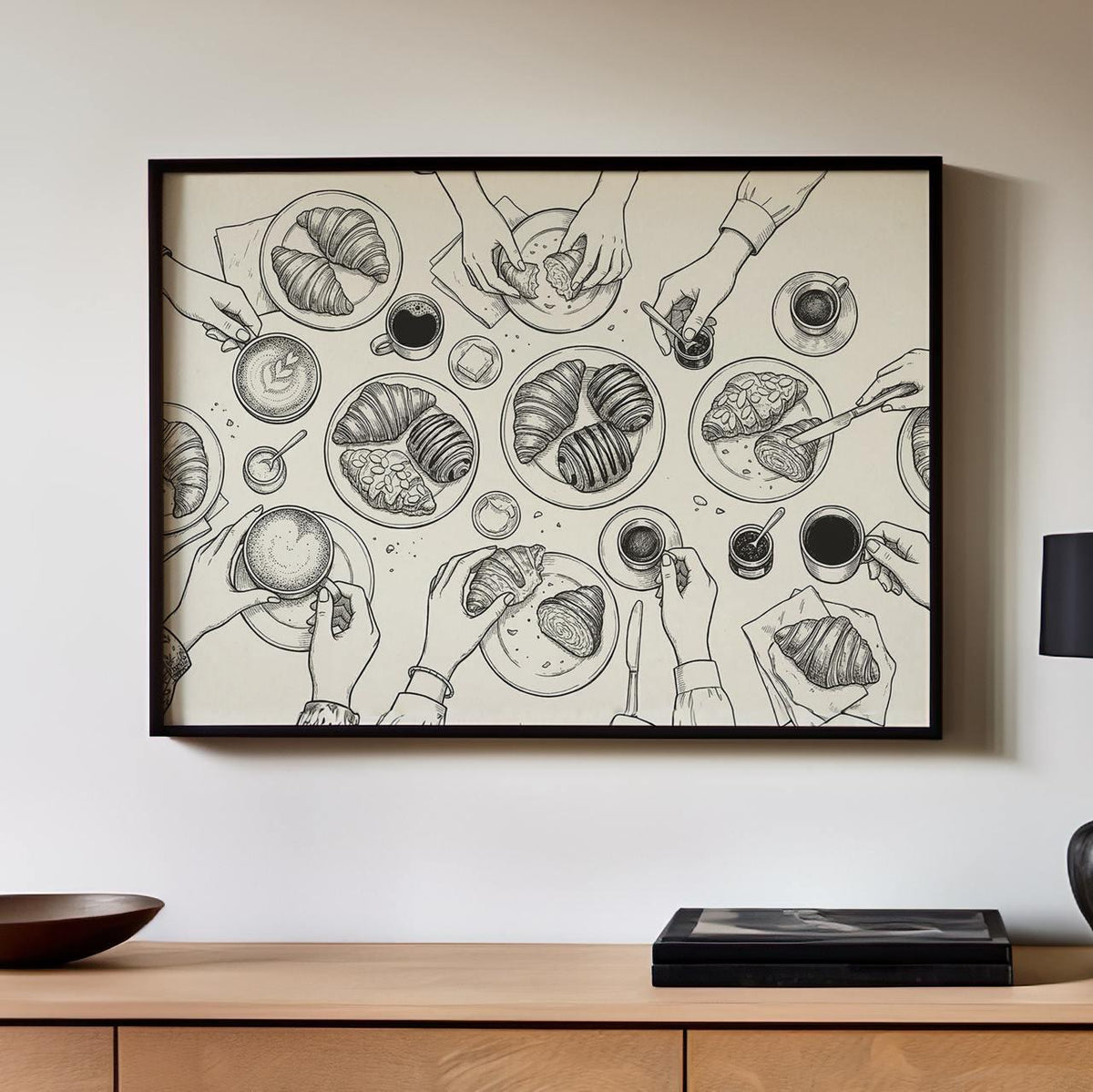 Food Line Art Print Croissant, Dining Room Wall Art, Minimalist Wall Art, Black White Artwork For Kitchen Decor art42