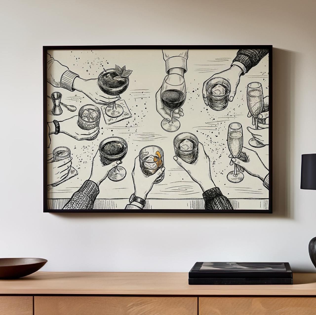 Cocktail Party Decor Cheers Wall Print, Bar Cart Print, Minimalist Wall Art, Dining Room Wall Art, Modern Home Decor Art