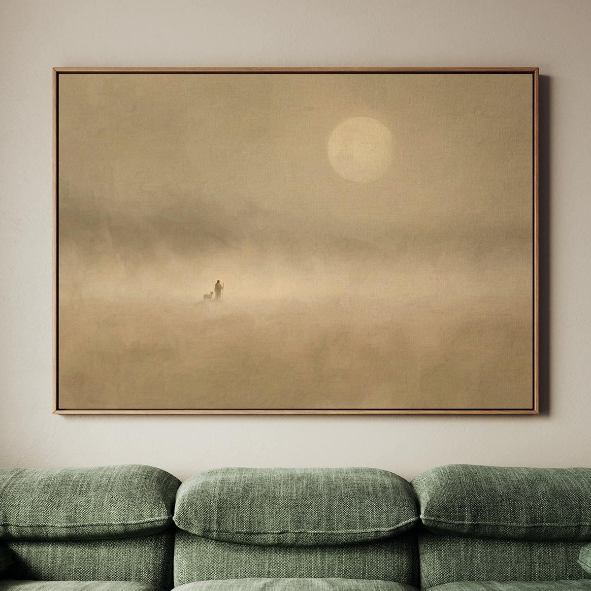 Jesus And Sheep Wall Art, Large Framed Minimalist Christian Canvas Print, Pastoral Abstract Landscape In Soft Neutrals C