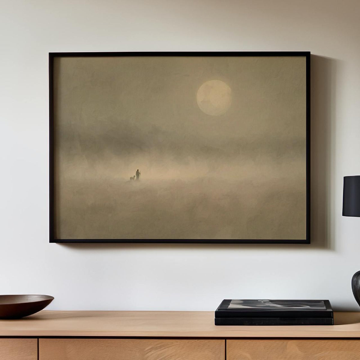 Jesus And Sheep Wall Art, Large Framed Minimalist Christian Canvas Print, Pastoral Abstract Landscape In Soft Neutrals C