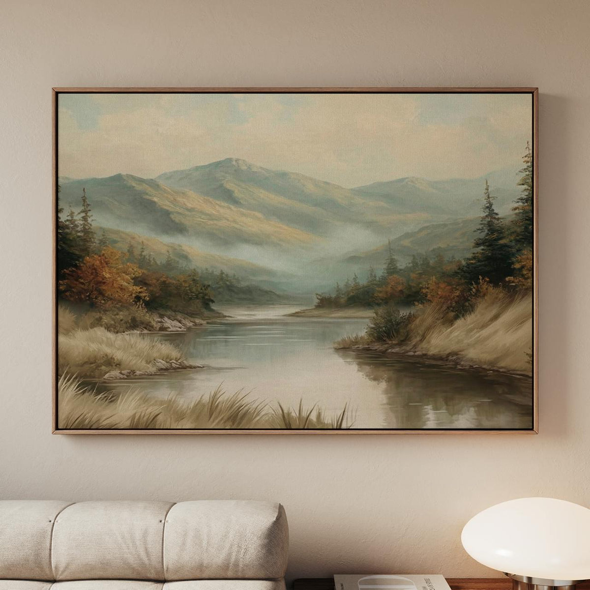 Large Framed Vintage Mountain Landscape Wall Art, Calm Lake Pine Tree Forest Canvas Print, Rustic Nature Decor For Livin