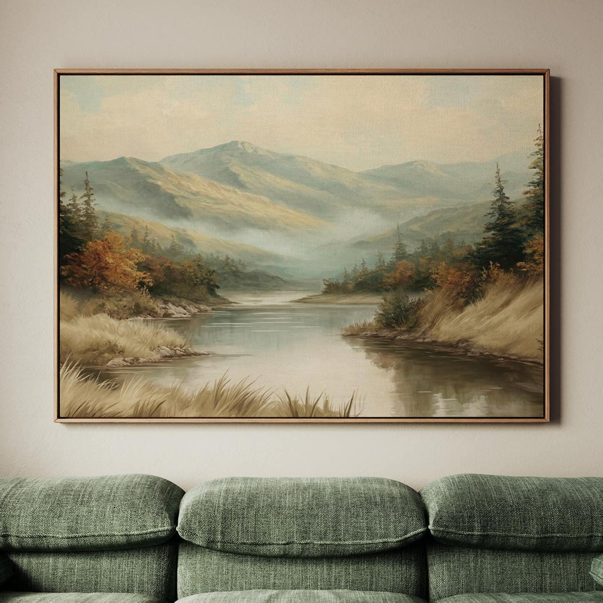 Large Framed Vintage Mountain Landscape Wall Art, Calm Lake Pine Tree Forest Canvas Print, Rustic Nature Decor For Livin