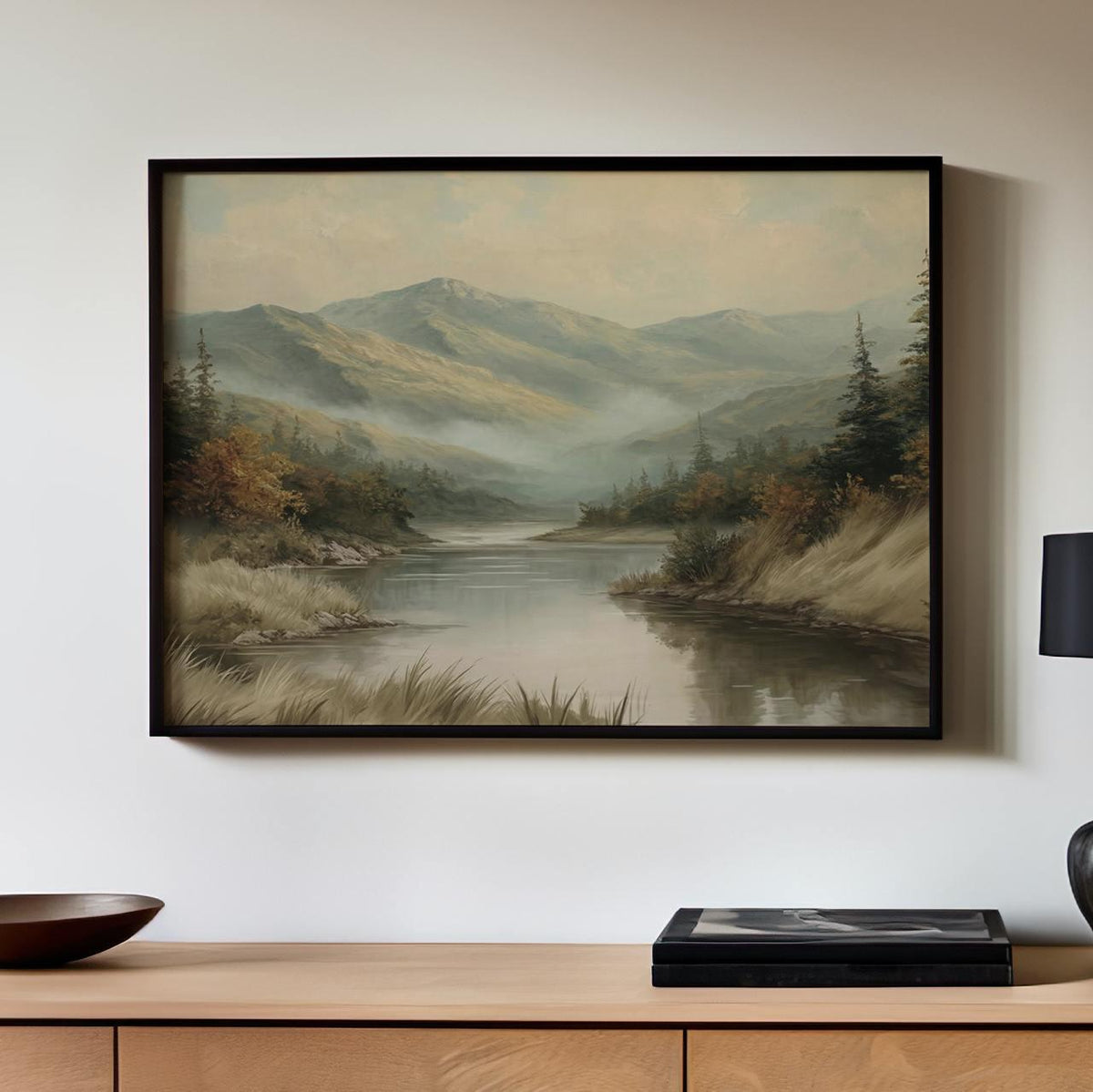 Large Framed Vintage Mountain Landscape Wall Art, Calm Lake Pine Tree Forest Canvas Print, Rustic Nature Decor For Livin