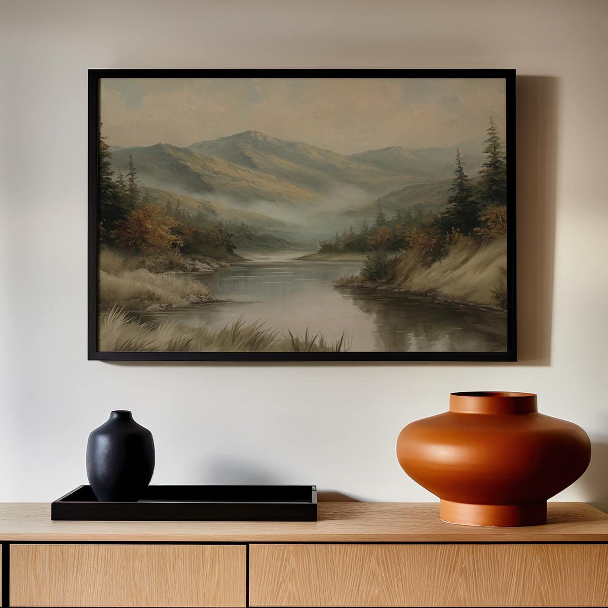 Large Framed Vintage Mountain Landscape Wall Art, Calm Lake Pine Tree Forest Canvas Print, Rustic Nature Decor For Livin