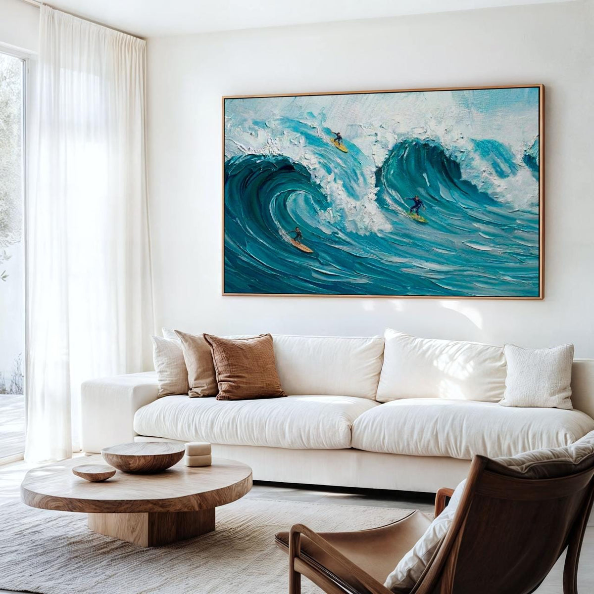 Frame Happy Coast Painting Custom Swimming Surfing Texture Wall Art, Personalized Summer Coastal Crowds Shore Painting G