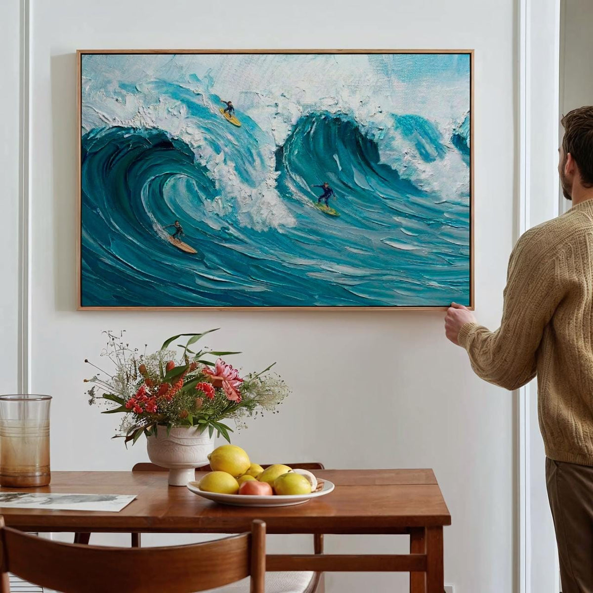Frame Happy Coast Painting Custom Swimming Surfing Texture Wall Art, Personalized Summer Coastal Crowds Shore Painting G