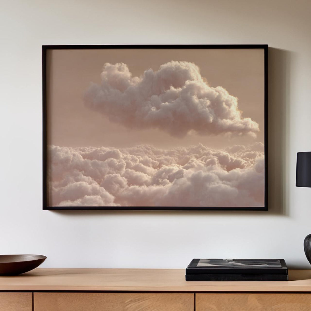 Framed Neutral Beige Pink Clouds Wall Art, Large Minimalist Landscape Canvas Print, Abstract Zen Decor For Living Room B