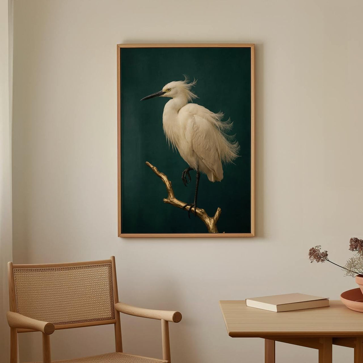 Framed Minimalist White Crane Canvas Print, Japandi Bird Wall Art On Dark Green, Vintage Nature Decor For Zen Living Spa