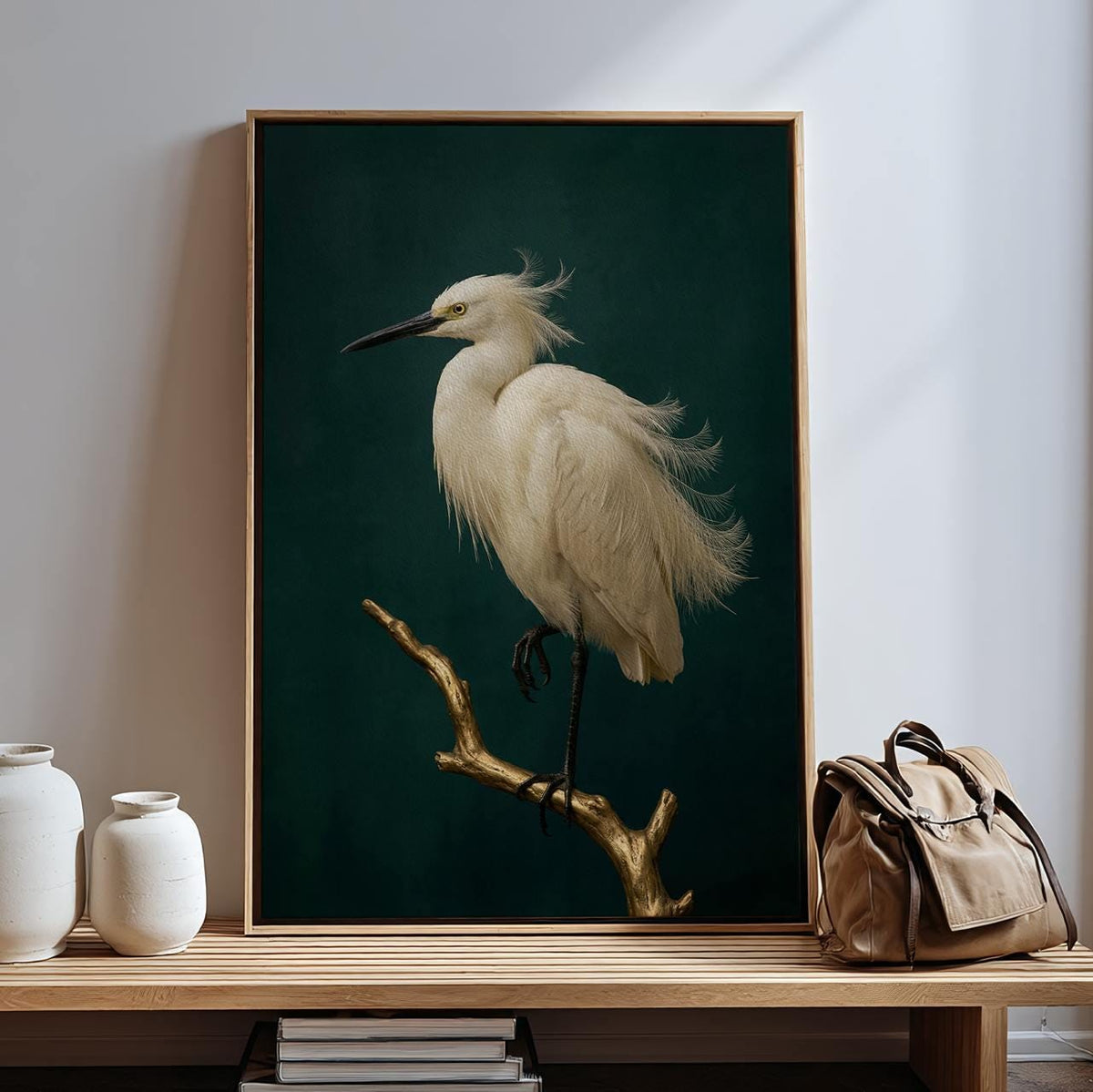 Framed Minimalist White Crane Canvas Print, Japandi Bird Wall Art On Dark Green, Vintage Nature Decor For Zen Living Spa