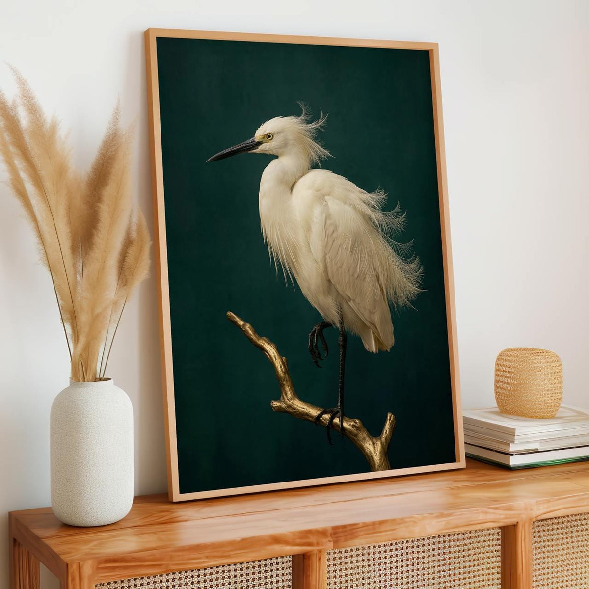 Framed Minimalist White Crane Canvas Print, Japandi Bird Wall Art On Dark Green, Vintage Nature Decor For Zen Living Spa
