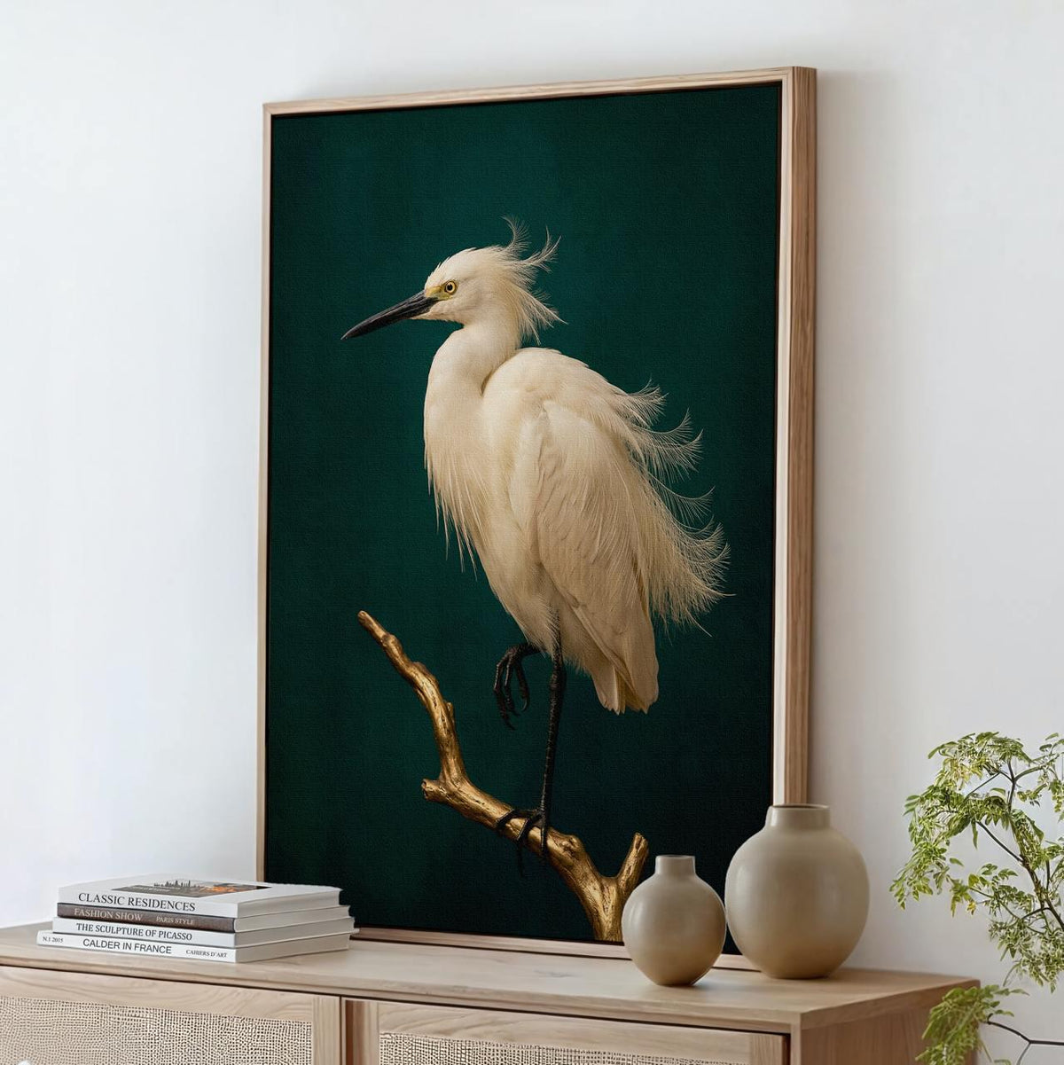 Framed Minimalist White Crane Canvas Print, Japandi Bird Wall Art On Dark Green, Vintage Nature Decor For Zen Living Spa