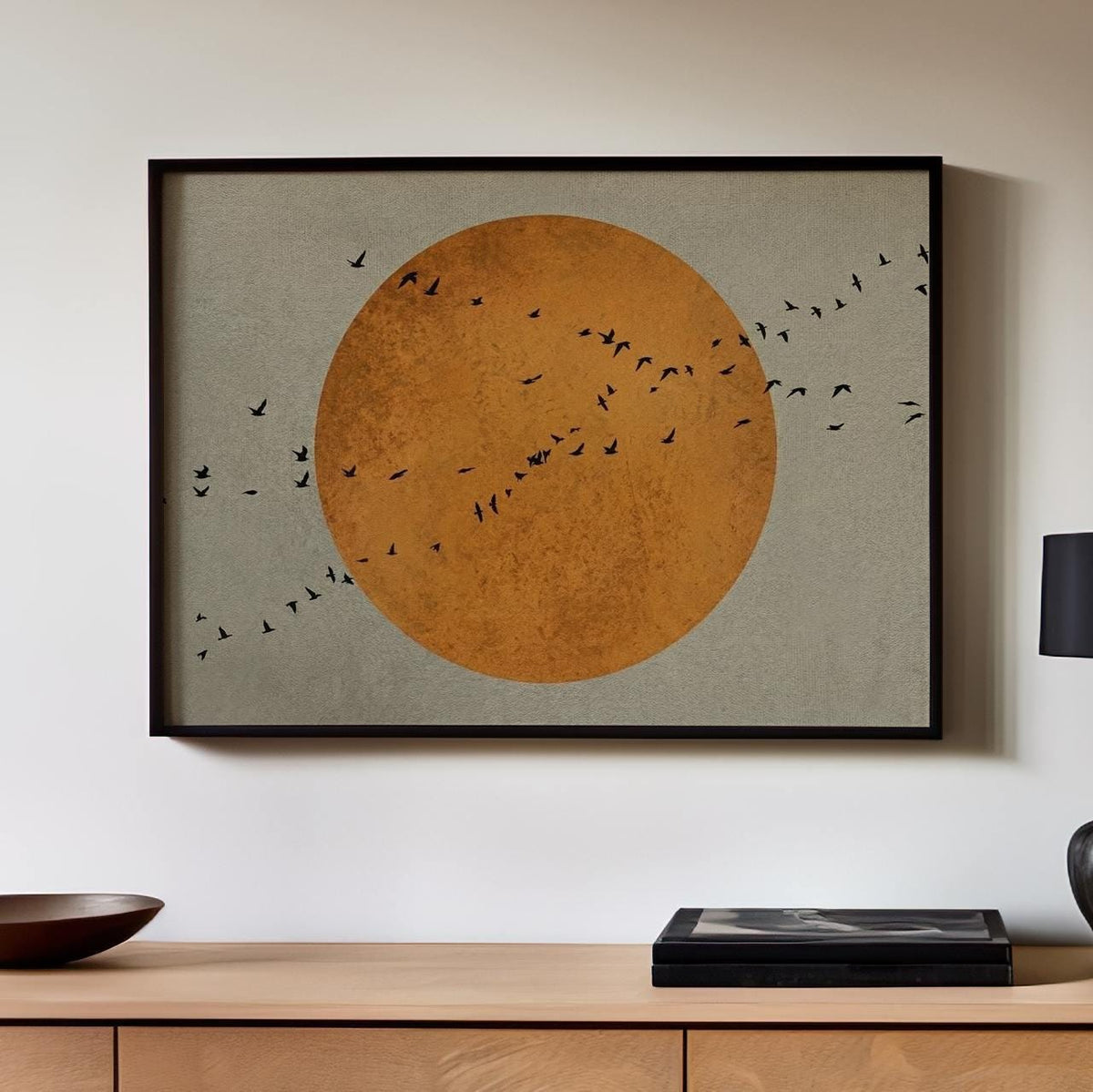 Sage Green Japandi Art Print, Flying Birds And Sun Wall Art, Minimalist Abstract Landscape, Large Japanese Wall Art For 