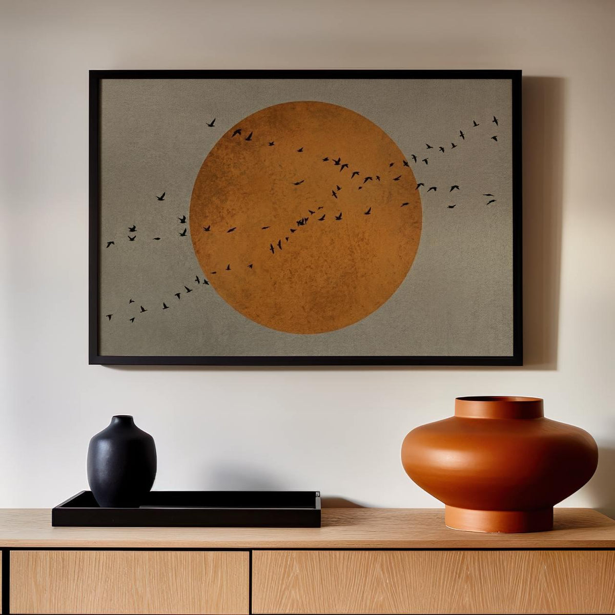 Sage Green Japandi Art Print, Flying Birds And Sun Wall Art, Minimalist Abstract Landscape, Large Japanese Wall Art For 