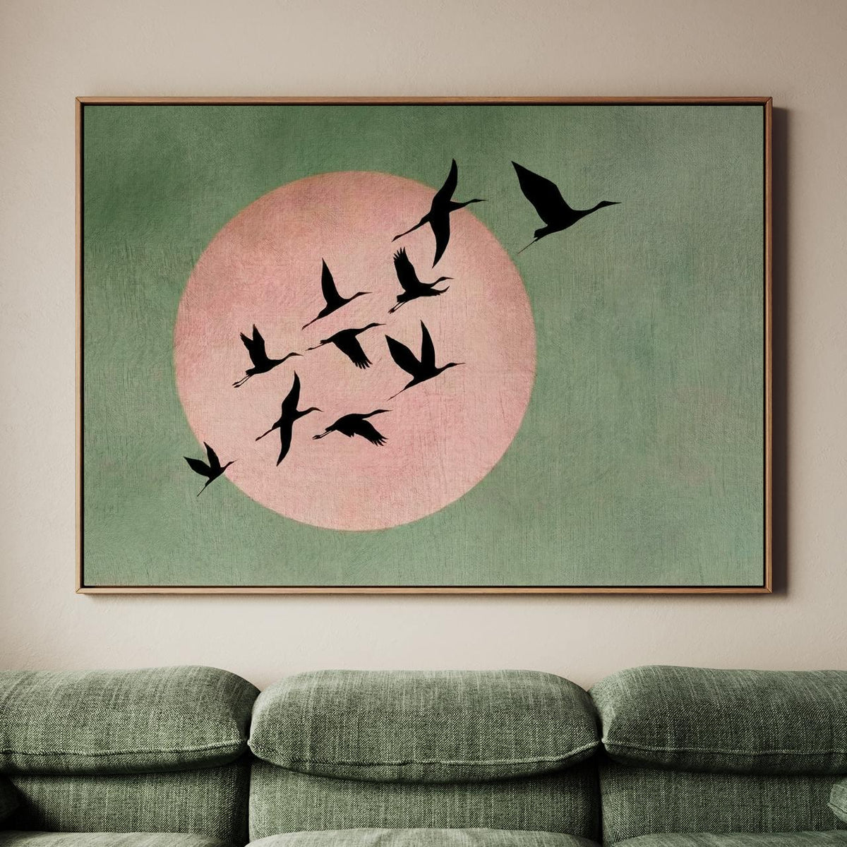 Large Living Room Decor Sage Pink Moon Japandi Wall Art Print, Framed Flock of Birds Japanese Sun  Canvas Modern Feng Sh