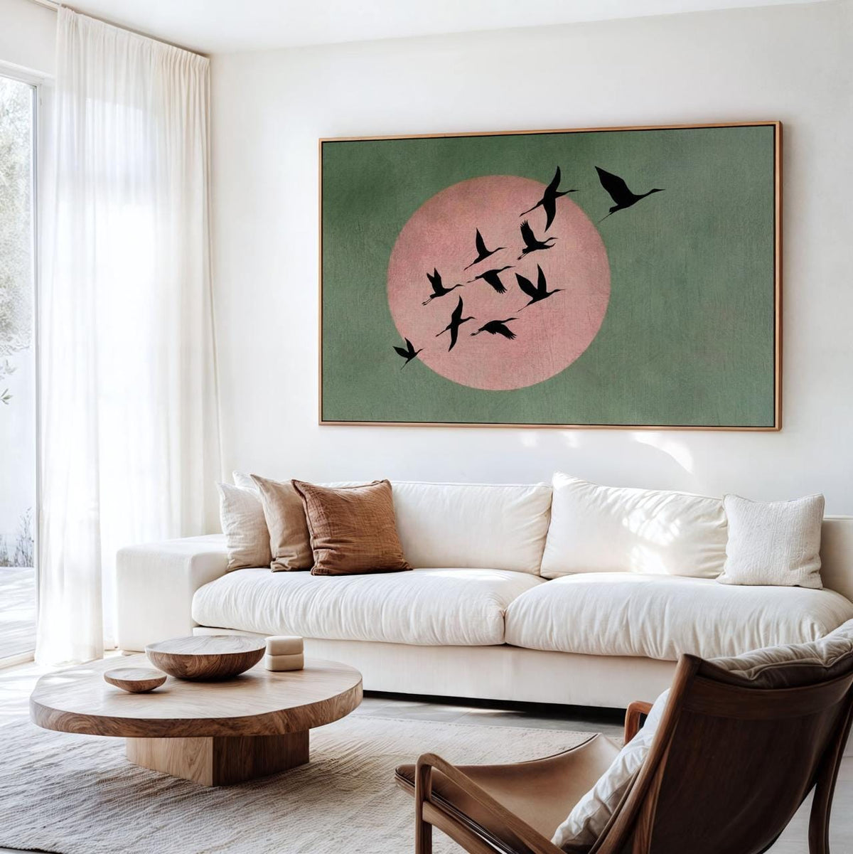 Large Living Room Decor Sage Pink Moon Japandi Wall Art Print, Framed Flock of Birds Japanese Sun  Canvas Modern Feng Sh