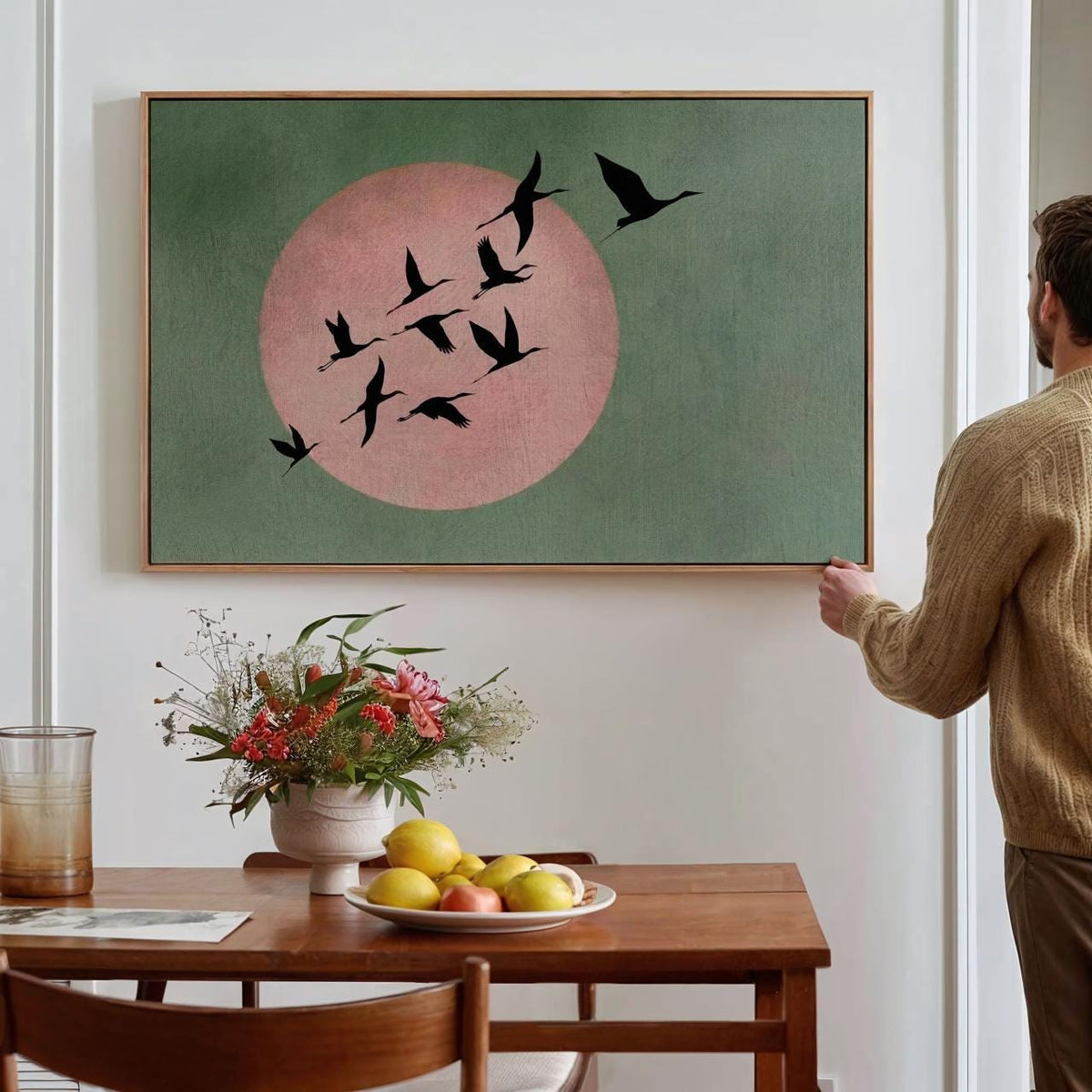 Large Living Room Decor Sage Pink Moon Japandi Wall Art Print, Framed Flock of Birds Japanese Sun  Canvas Modern Feng Sh