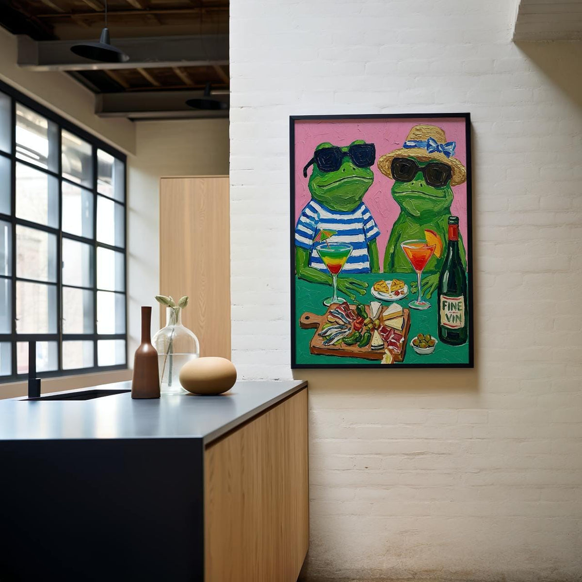 Frog Cocktail Party Art Print, Quirky Animal Poster With Frogs And Cocktail, Retro Colorful Wall Art, Playful Dining Roo