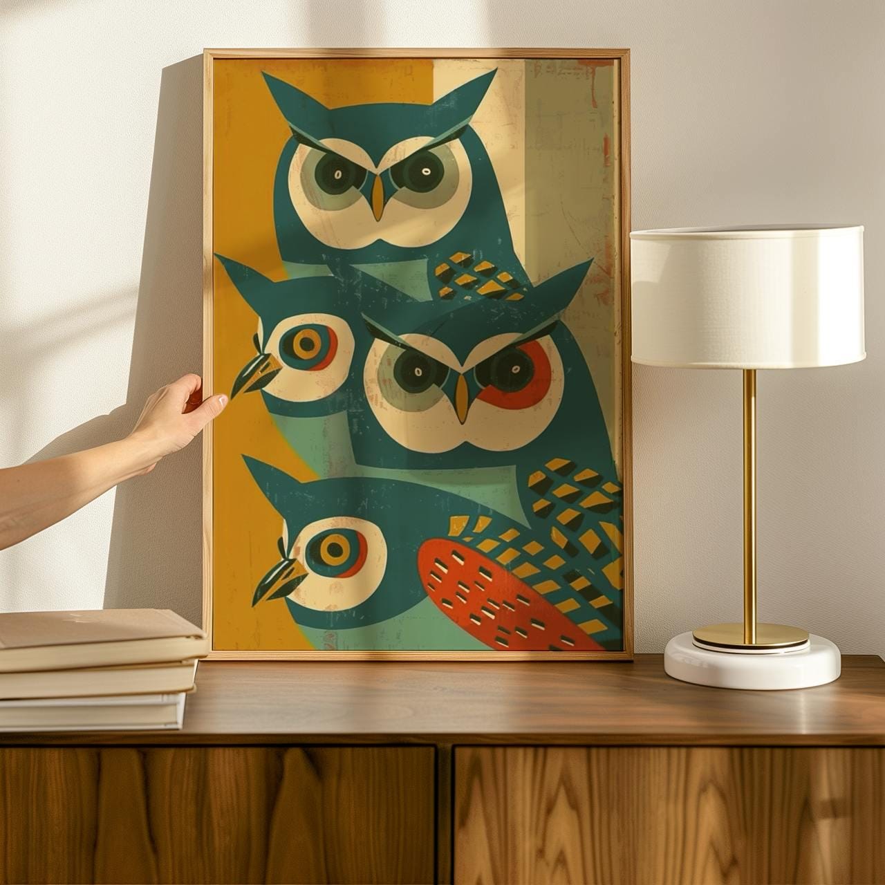 Mid-Century Owl Art Print, Retro Blue Owl Poster, Minimalist Animal Illustration, Vintage Wall Decor, Modern Graphic Art