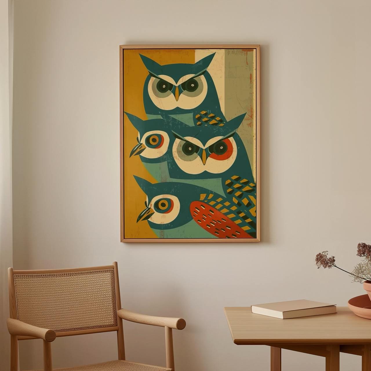 Mid-Century Owl Art Print, Retro Blue Owl Poster, Minimalist Animal Illustration, Vintage Wall Decor, Modern Graphic Art
