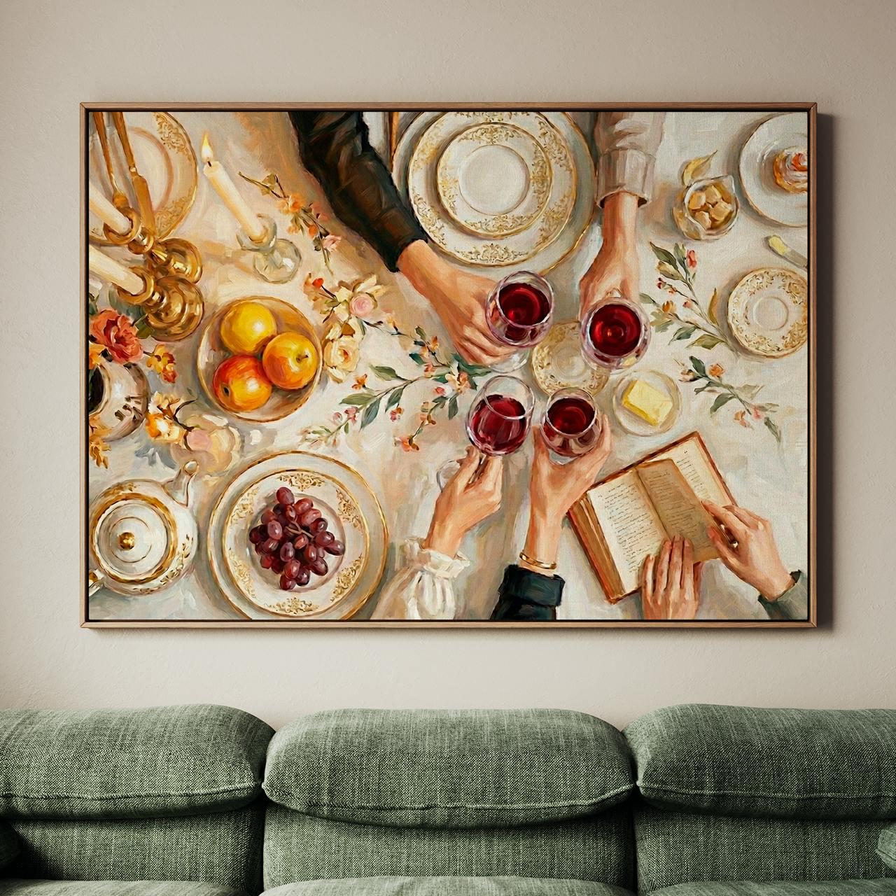 Elegant Dinner Cheers Wall Art, Large Festive Celebration Canvas Print, Cozy Family Toast Decor For Dining Room, Kitchen