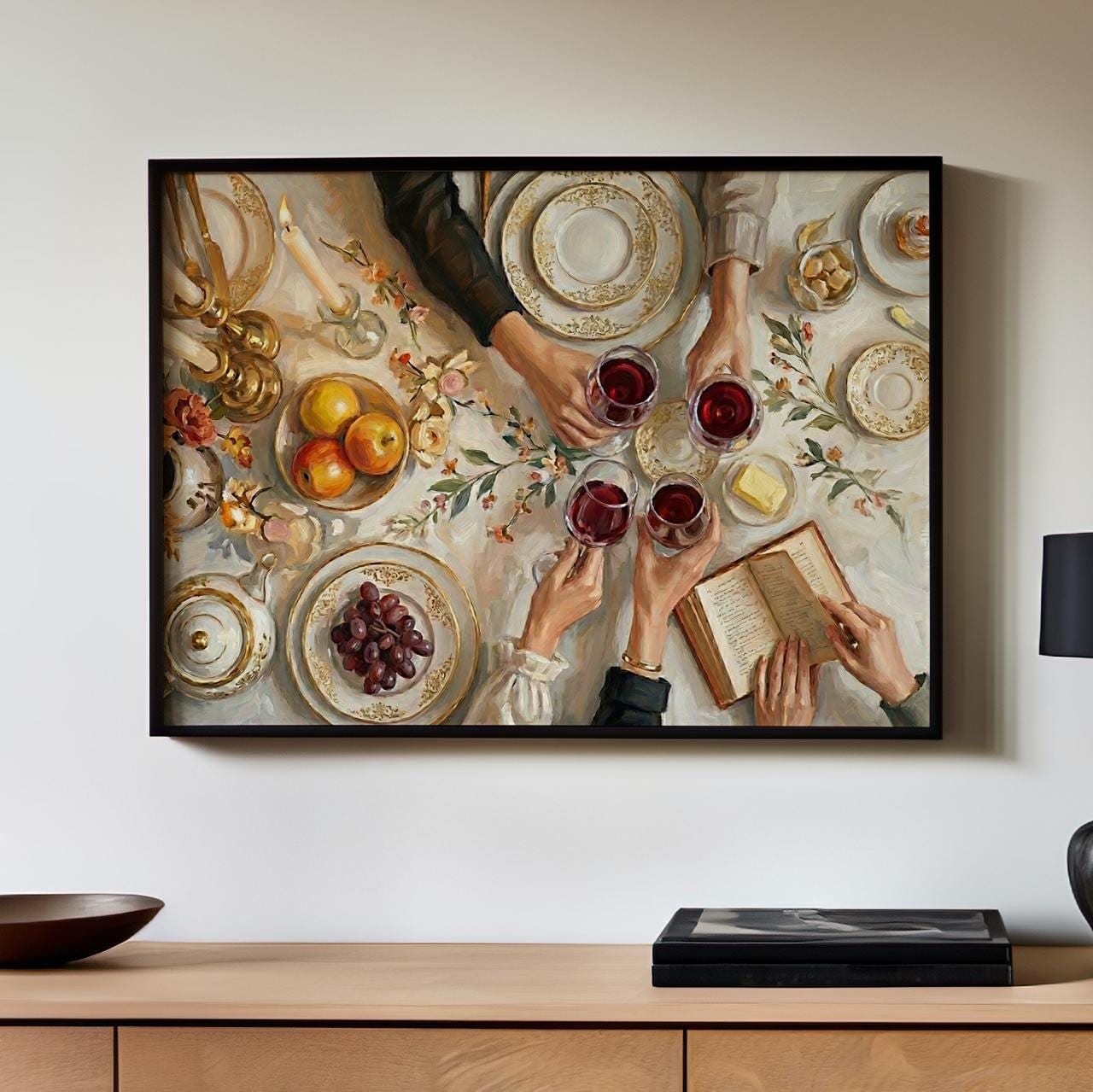 Elegant Dinner Cheers Wall Art, Large Festive Celebration Canvas Print, Cozy Family Toast Decor For Dining Room, Kitchen