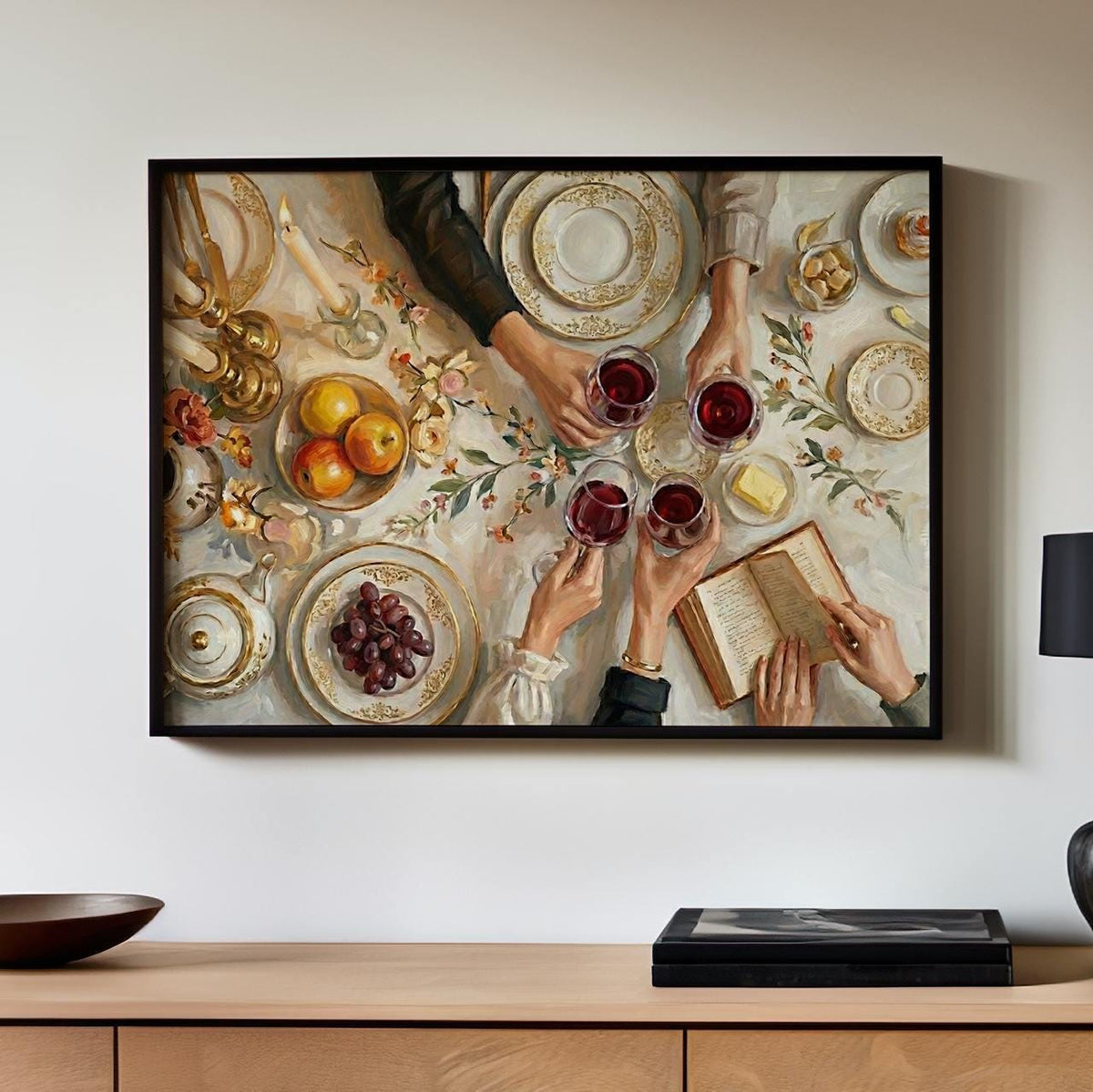 Elegant Dinner Cheers Wall Art, Large Festive Celebration Canvas Print, Cozy Family Toast Decor For Dining Room, Kitchen