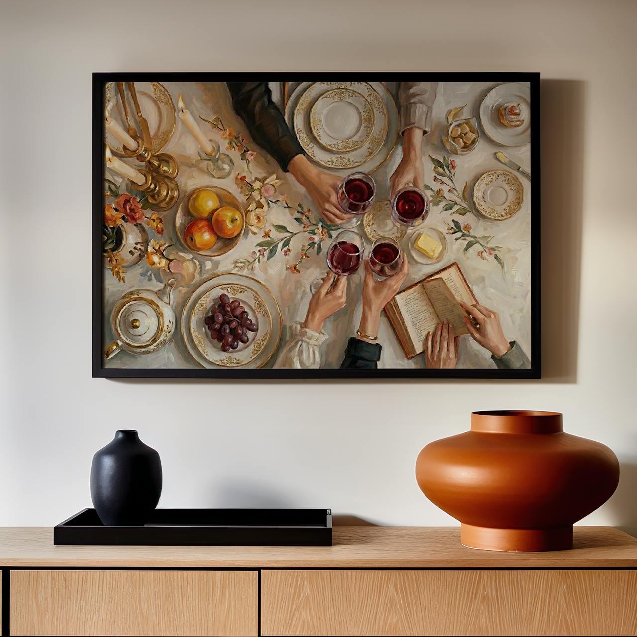 Elegant Dinner Cheers Wall Art, Large Festive Celebration Canvas Print, Cozy Family Toast Decor For Dining Room, Kitchen