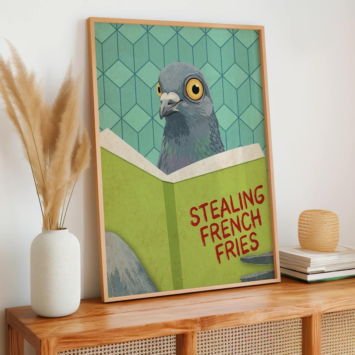 Funny Reading Pigeon Wall Art - Framed Cute Pigeon Poster, Toilet Humor Bathroom, Cheeky Laundry Room Decor, Trendy Gift