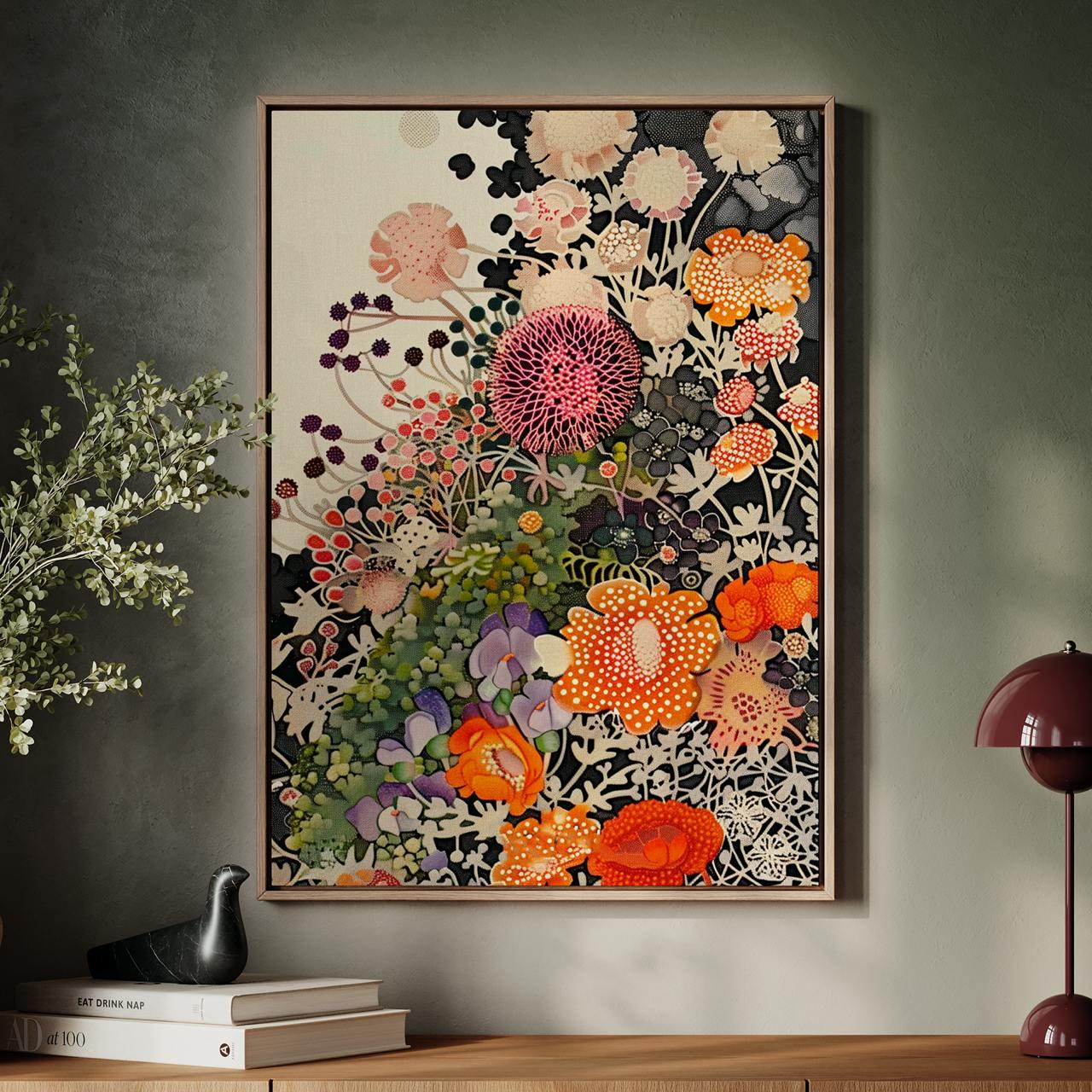 Botanical Floral Wall Art Unframed, Dotted Wildflower Poster, Yayoi Kusama Inspired Japandi Decor For Living Room