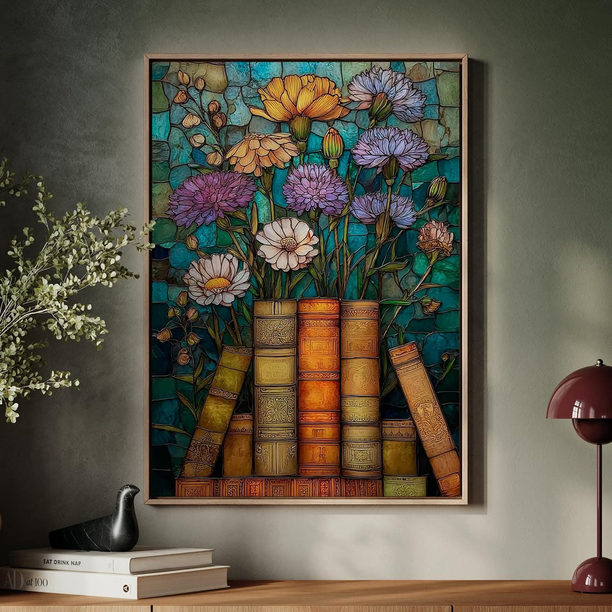 Book Lover Wildflower Poster Print, Stained Glass Floral Wall Art, Artful Trendy Vintage Decor, Light Academia Matte Pos