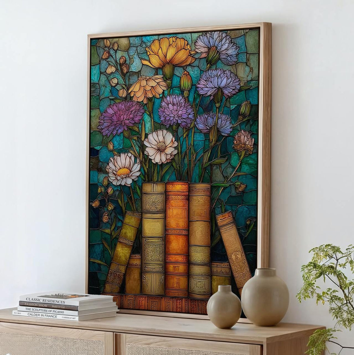 Book Lover Wildflower Poster Print, Stained Glass Floral Wall Art, Artful Trendy Vintage Decor, Light Academia Matte Pos