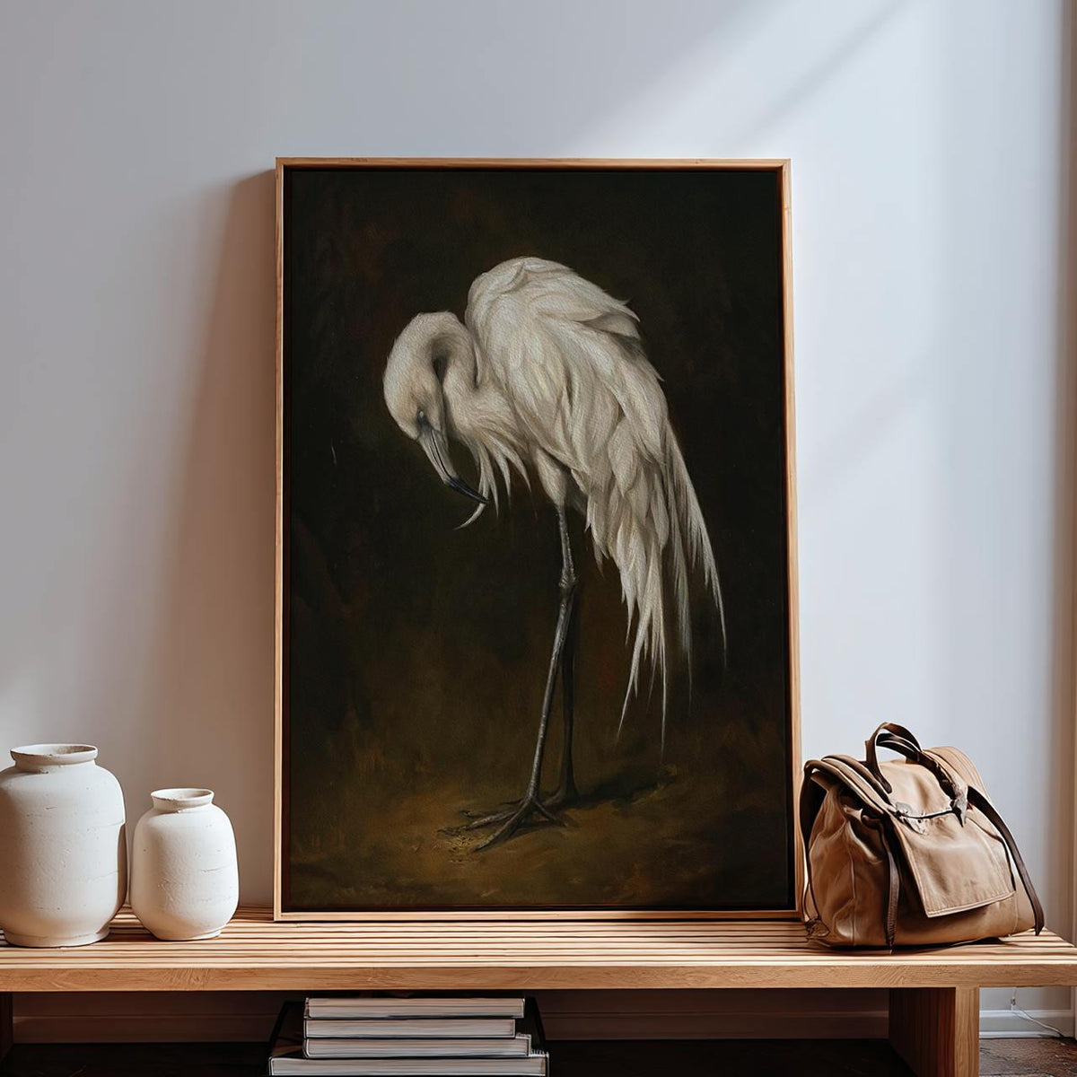 Vintage Egret Wall Art, Framed White Bird Canvas Print, Elegant Wildlife Painting On Dark Background For Living Room Or 