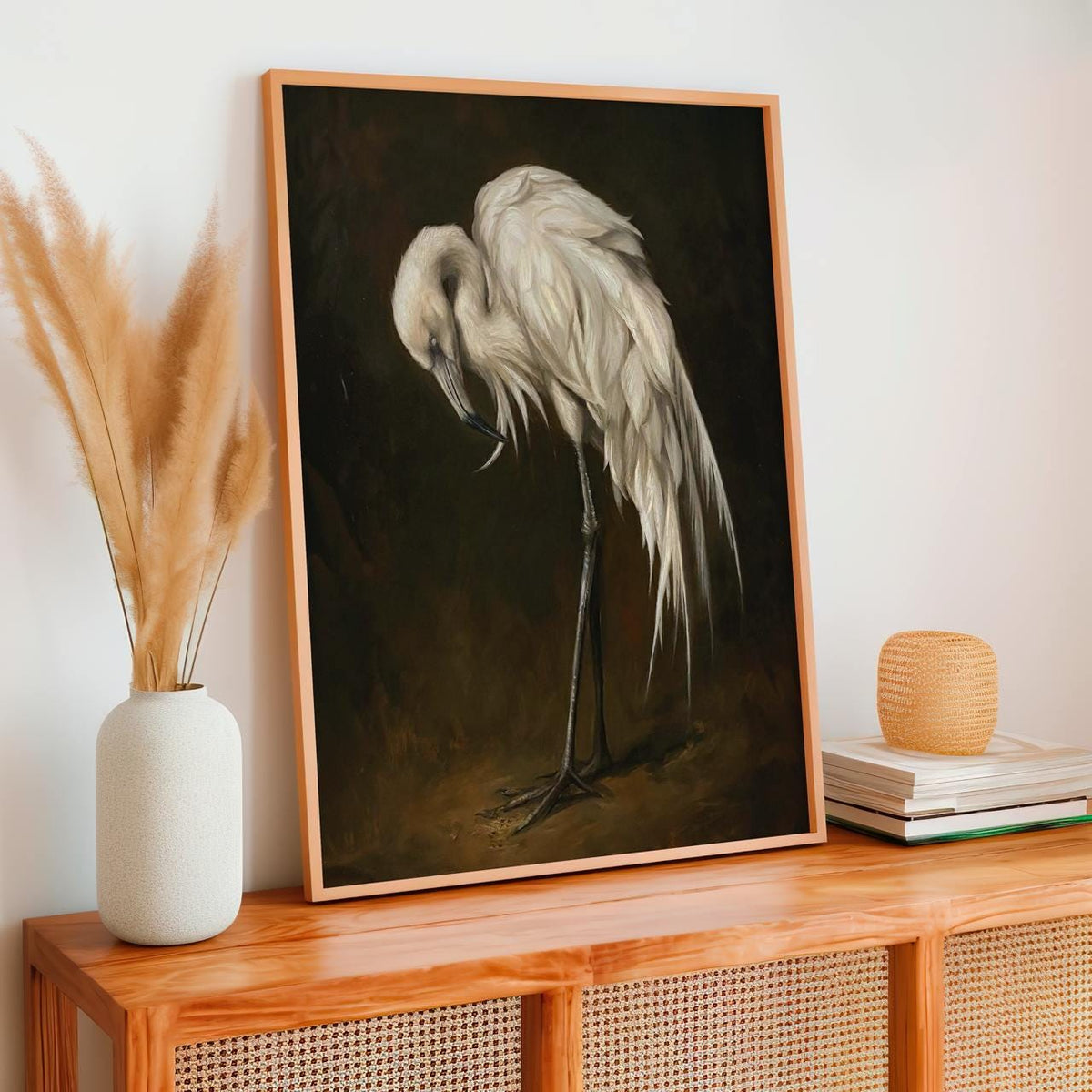 Vintage Egret Wall Art, Framed White Bird Canvas Print, Elegant Wildlife Painting On Dark Background For Living Room Or 