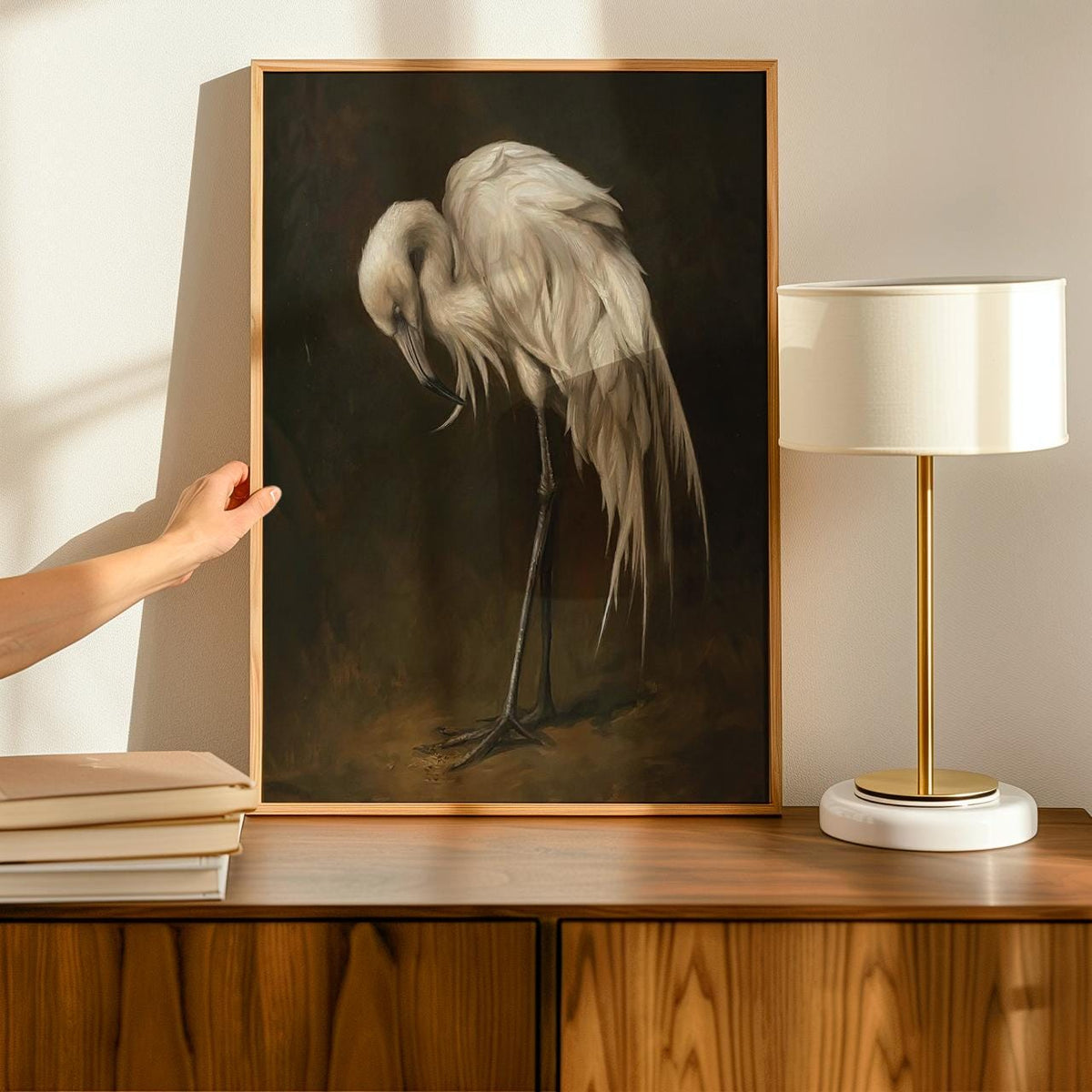 Vintage Egret Wall Art, Framed White Bird Canvas Print, Elegant Wildlife Painting On Dark Background For Living Room Or 
