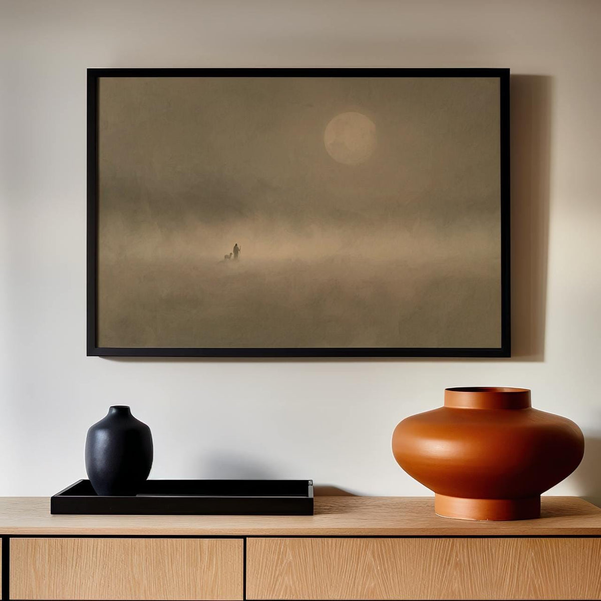 Jesus And Sheep Wall Art, Large Framed Minimalist Christian Canvas Print, Pastoral Abstract Landscape In Soft Neutrals C