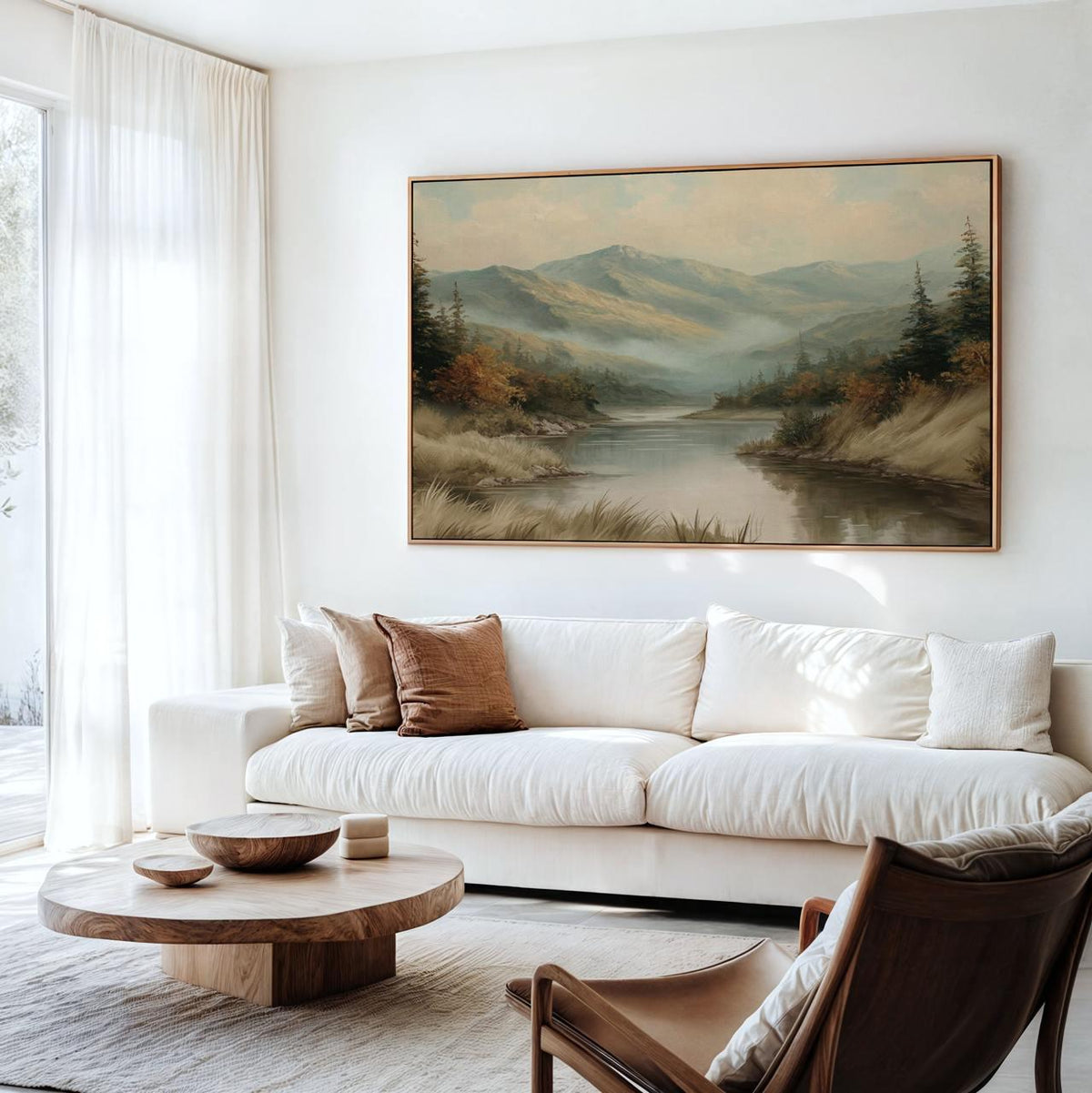 Large Framed Vintage Mountain Landscape Wall Art, Calm Lake Pine Tree Forest Canvas Print, Rustic Nature Decor For Livin