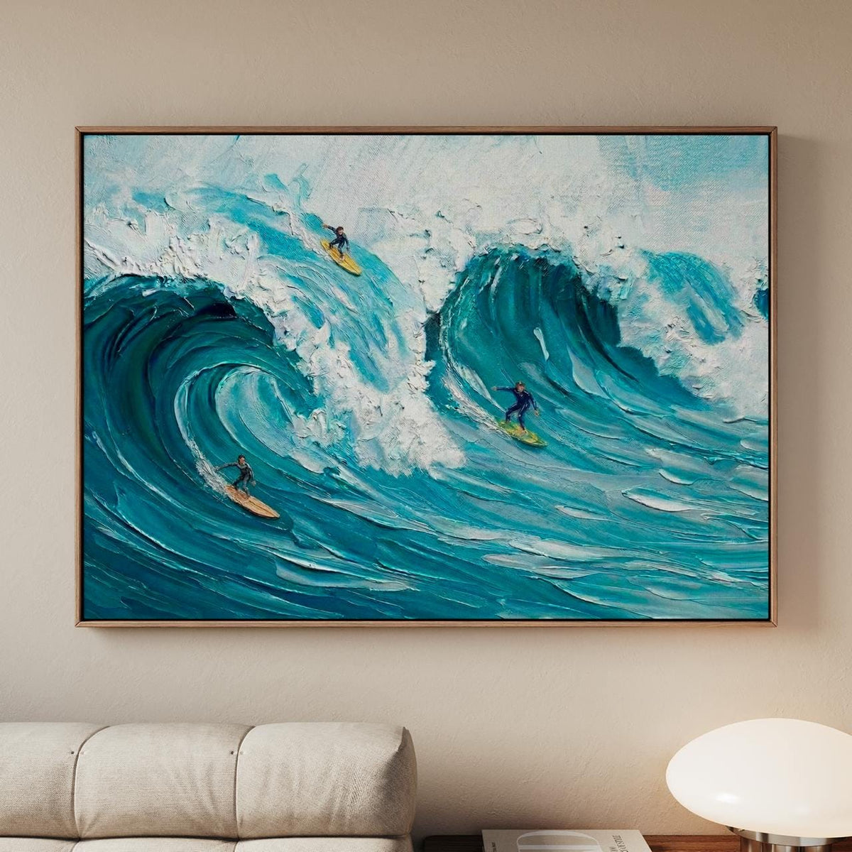 Frame Happy Coast Painting Custom Swimming Surfing Texture Wall Art, Personalized Summer Coastal Crowds Shore Painting G