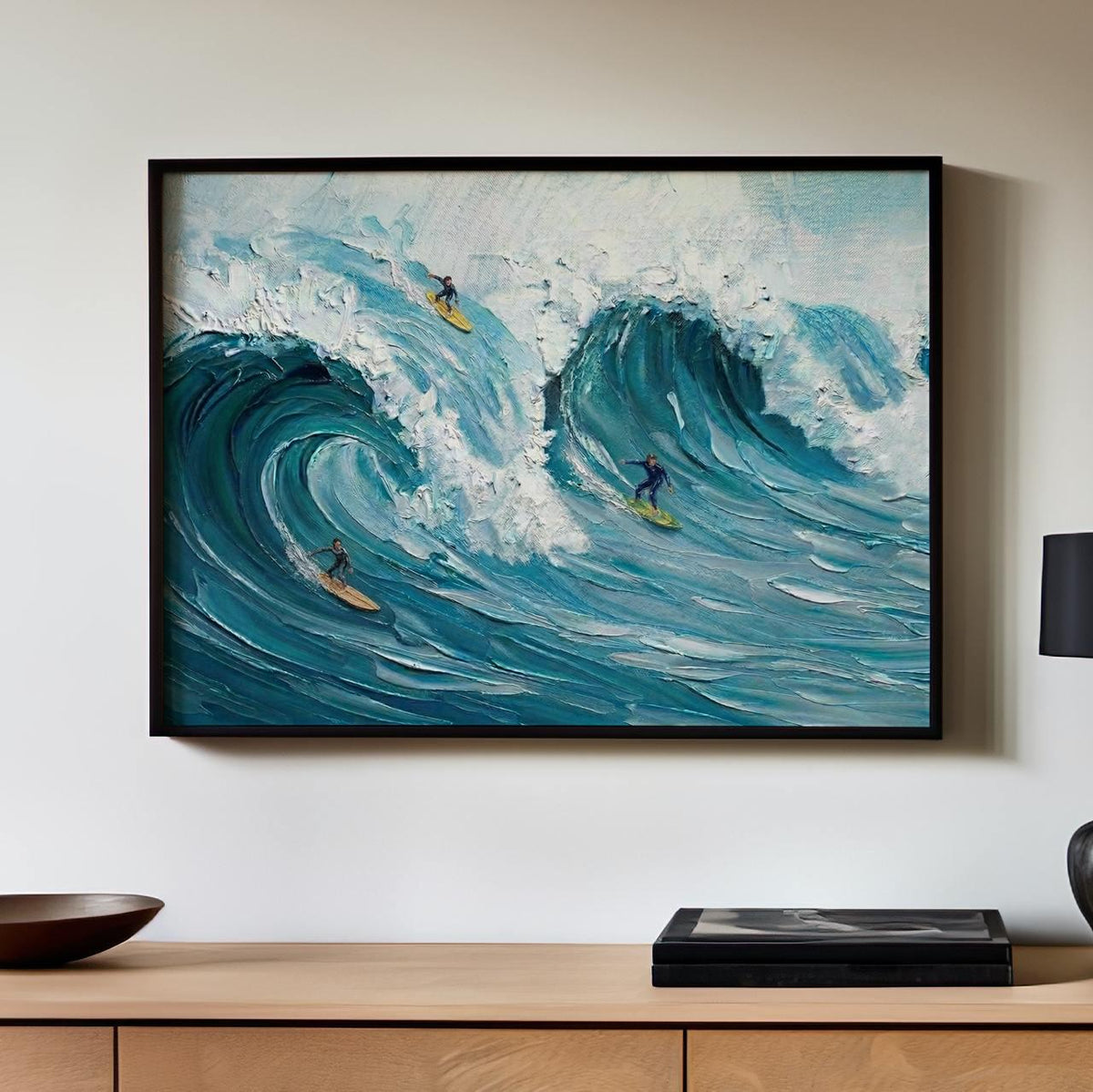 Frame Happy Coast Painting Custom Swimming Surfing Texture Wall Art, Personalized Summer Coastal Crowds Shore Painting G