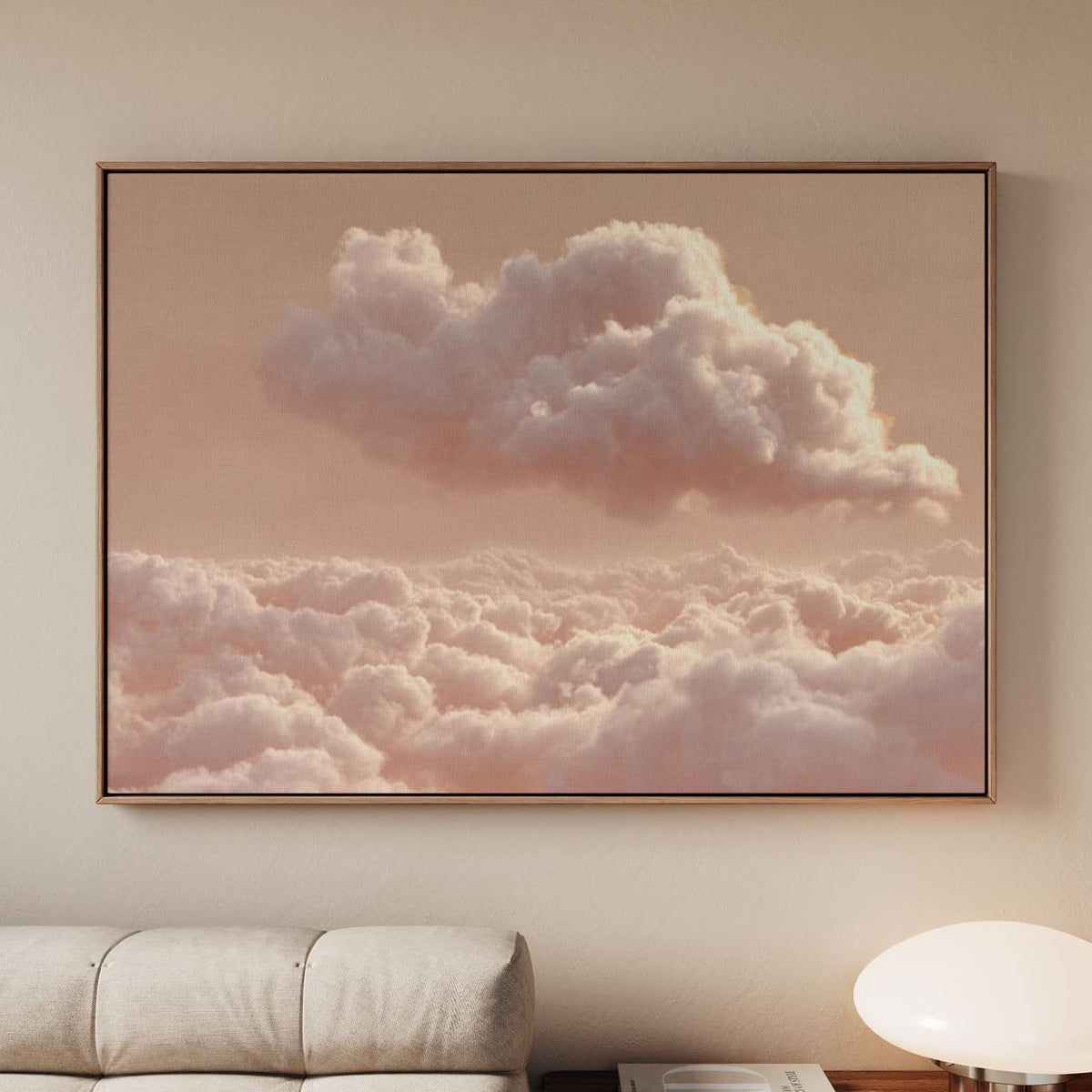 Framed Neutral Beige Pink Clouds Wall Art, Large Minimalist Landscape Canvas Print, Abstract Zen Decor For Living Room B