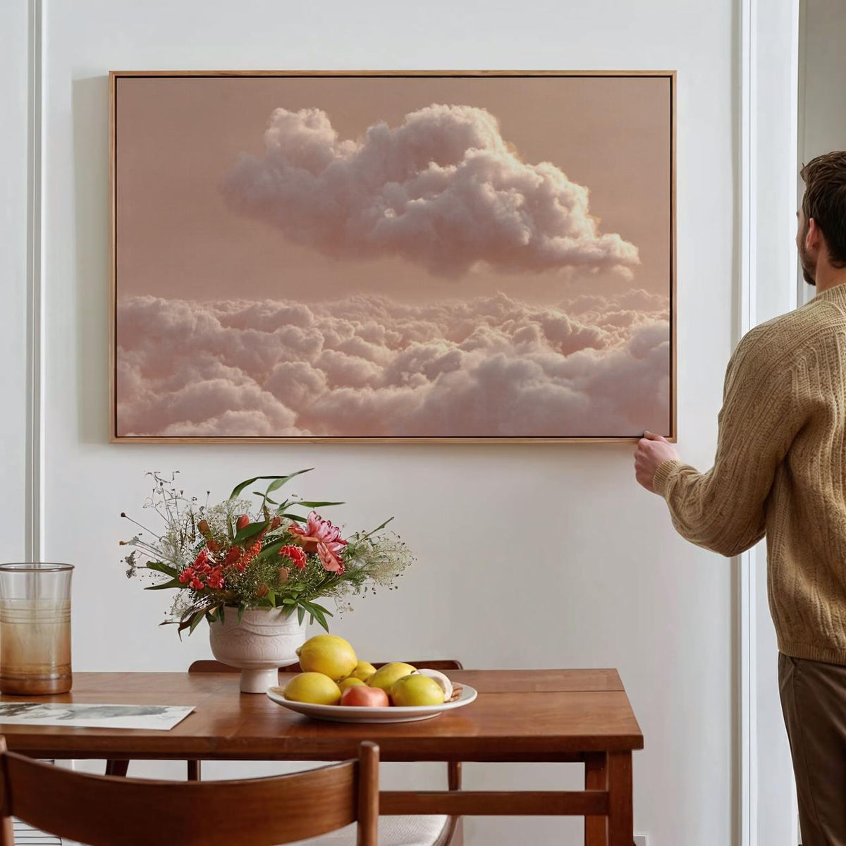 Framed Neutral Beige Pink Clouds Wall Art, Large Minimalist Landscape Canvas Print, Abstract Zen Decor For Living Room B